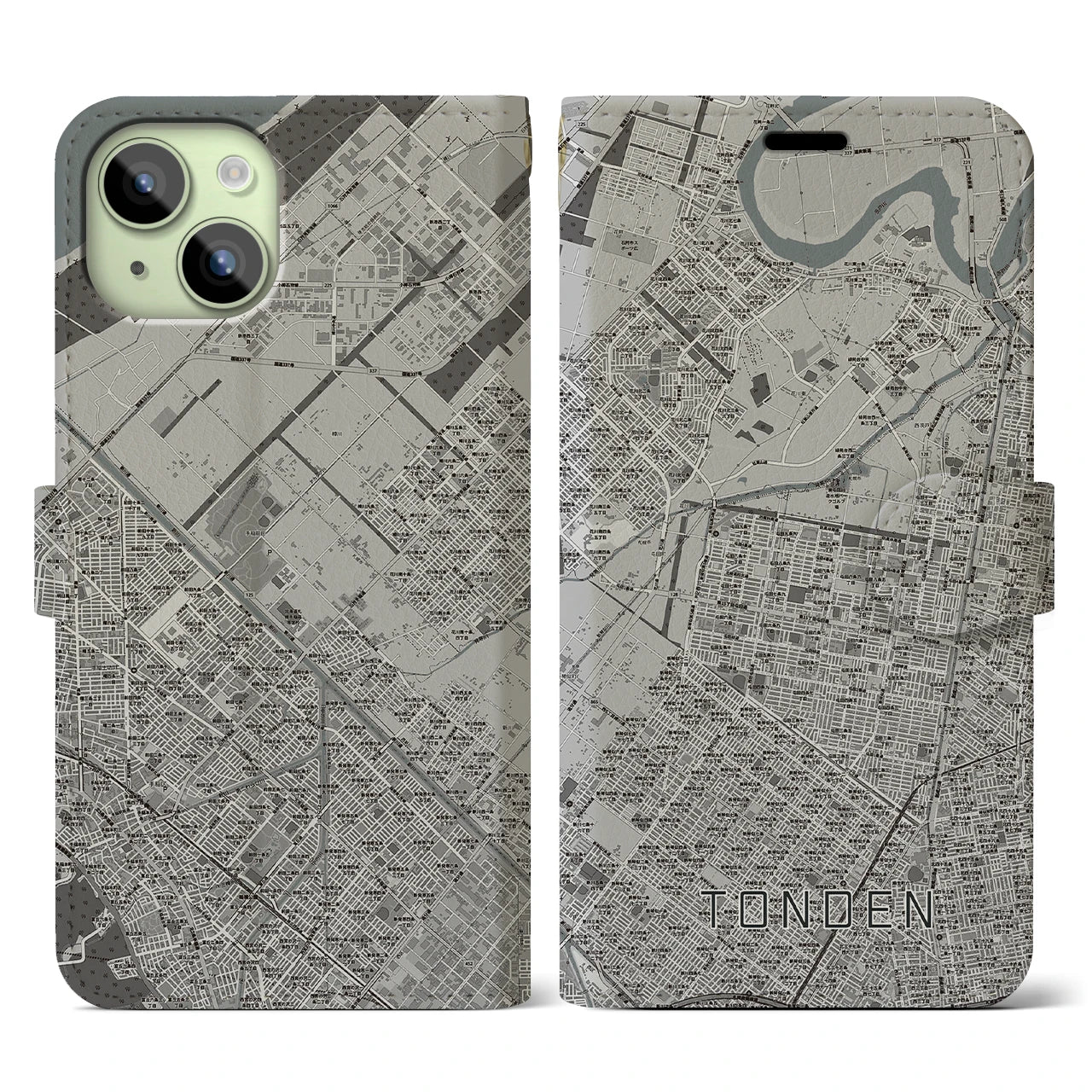 【屯田(北海道)】地図柄iPhoneケース(手帳タイプ)モノトーン・iPhone 15 用