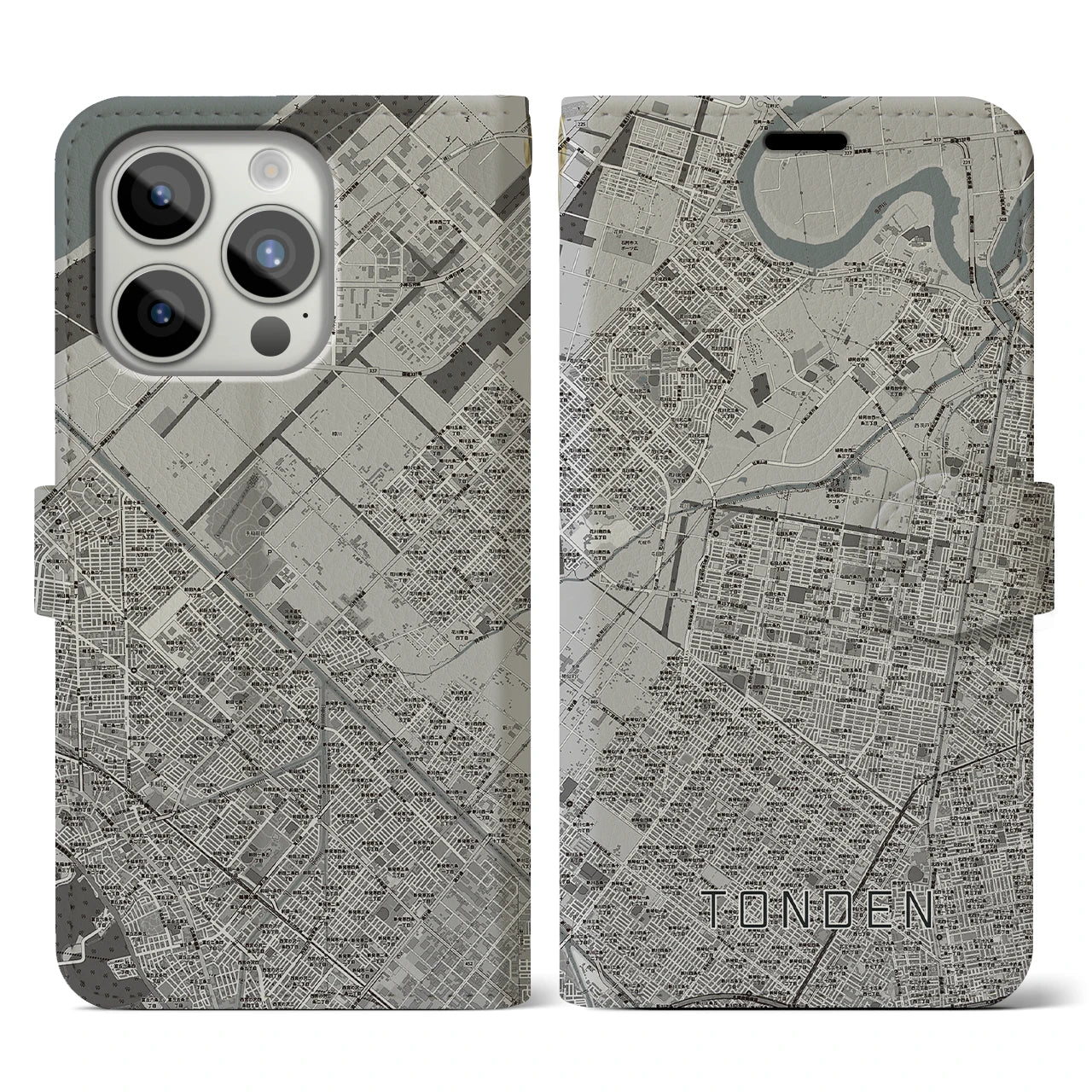 【屯田(北海道)】地図柄iPhoneケース(手帳タイプ)モノトーン・iPhone 15 Pro 用