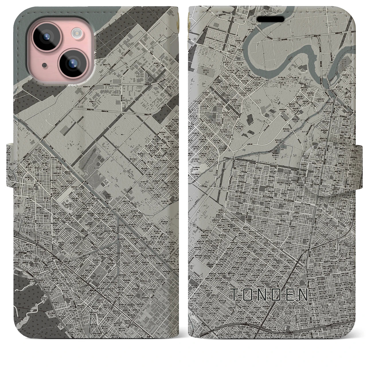 【屯田(北海道)】地図柄iPhoneケース(手帳タイプ)モノトーン・iPhone 15 Plus 用