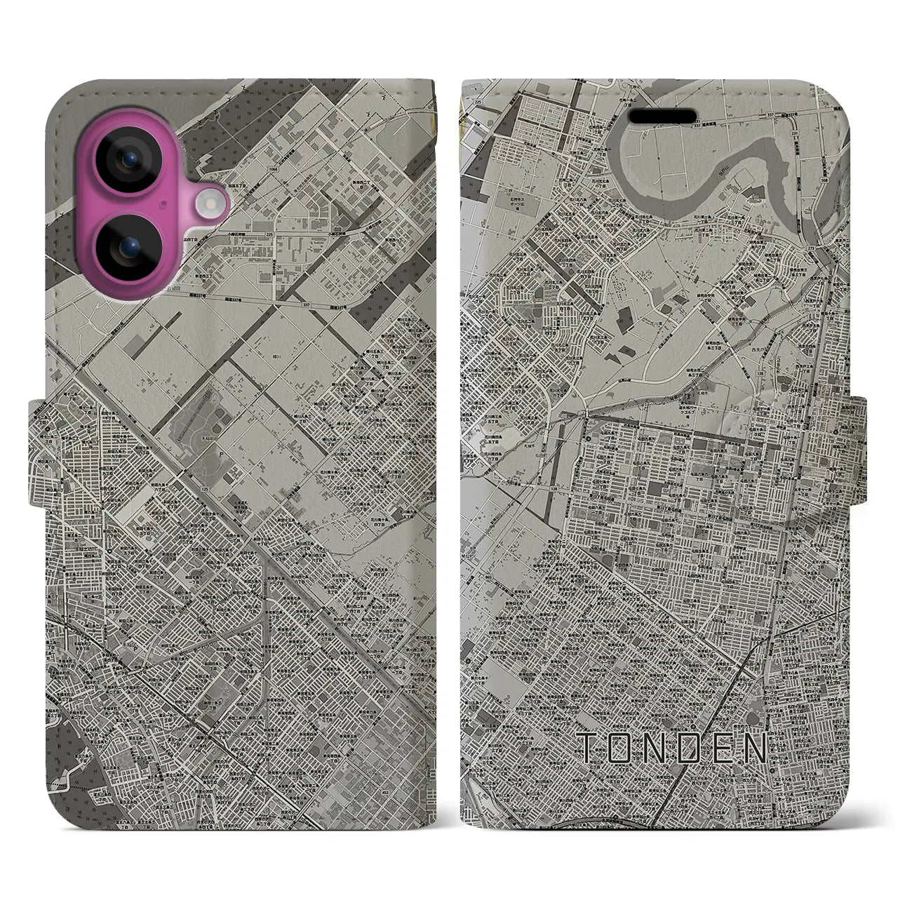 【屯田(北海道)】地図柄iPhoneケース(手帳タイプ)モノトーン・iPhone 16 Pro 用