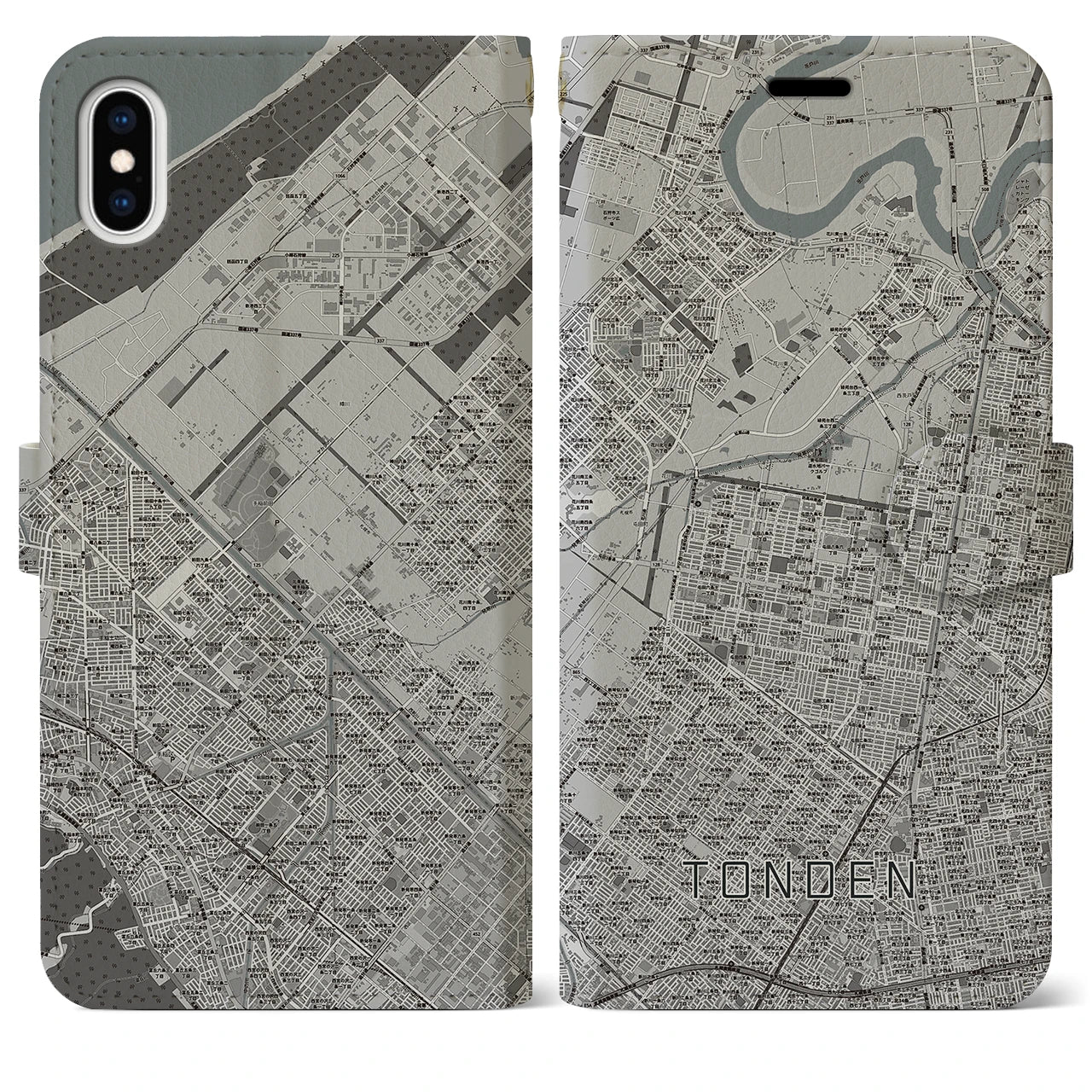 【屯田(北海道)】地図柄iPhoneケース(手帳タイプ)モノトーン・iPhone XS Max 用
