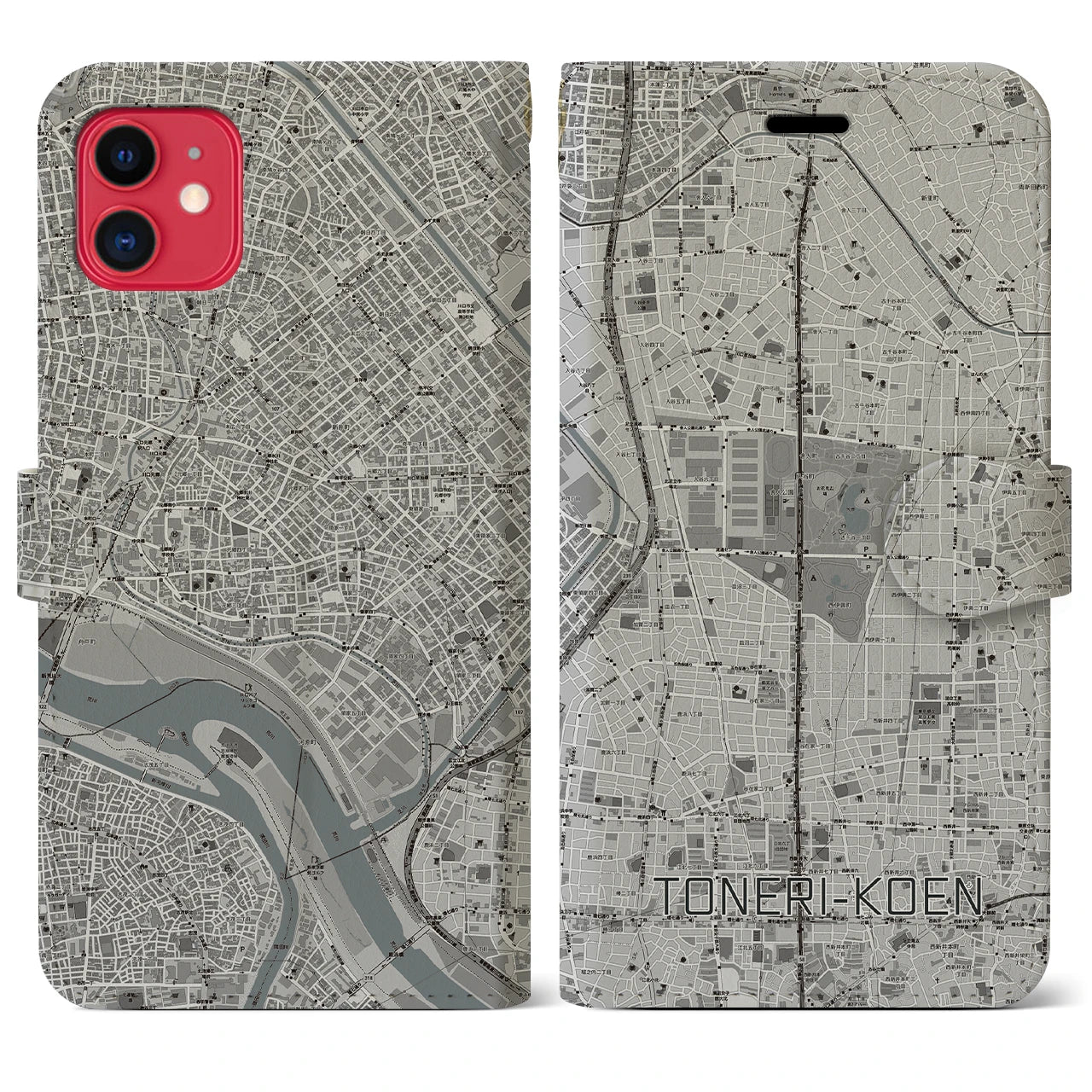 【舎人公園(東京都)】地図柄iPhoneケース(手帳タイプ)モノトーン・iPhone 11 用