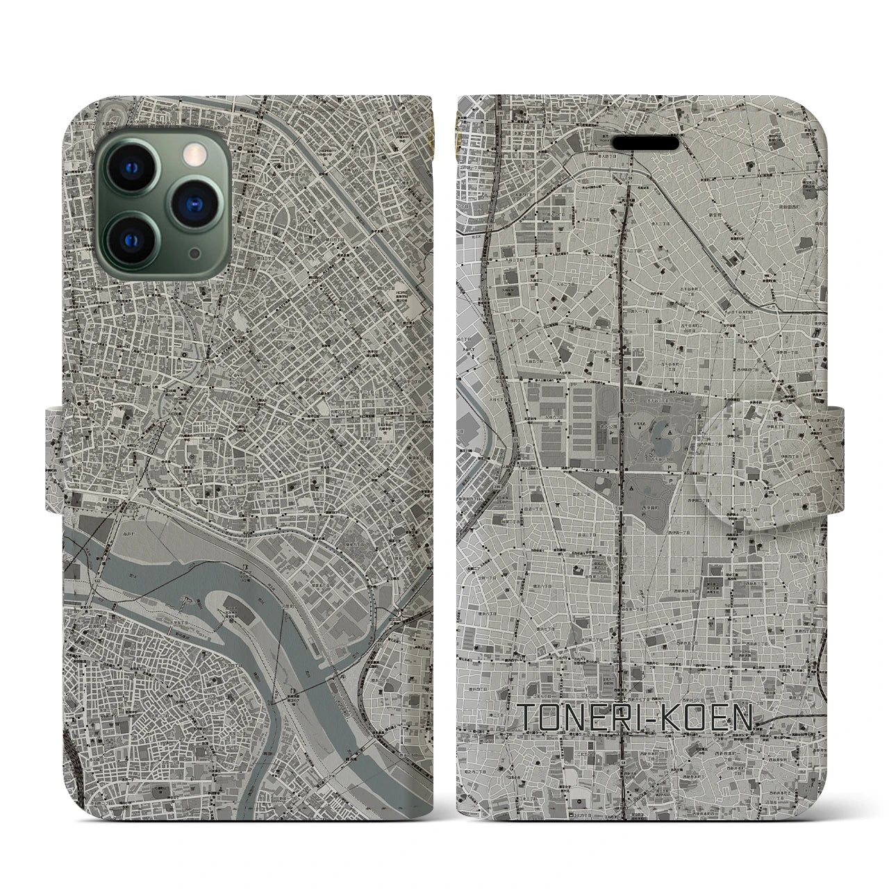 【舎人公園(東京都)】地図柄iPhoneケース(手帳タイプ)モノトーン・iPhone 11 Pro 用