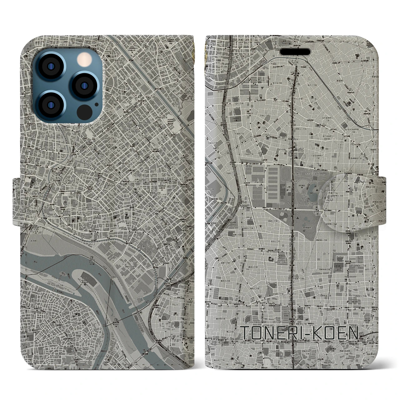 【舎人公園(東京都)】地図柄iPhoneケース(手帳タイプ)モノトーン・iPhone 12 / 12 Pro 用