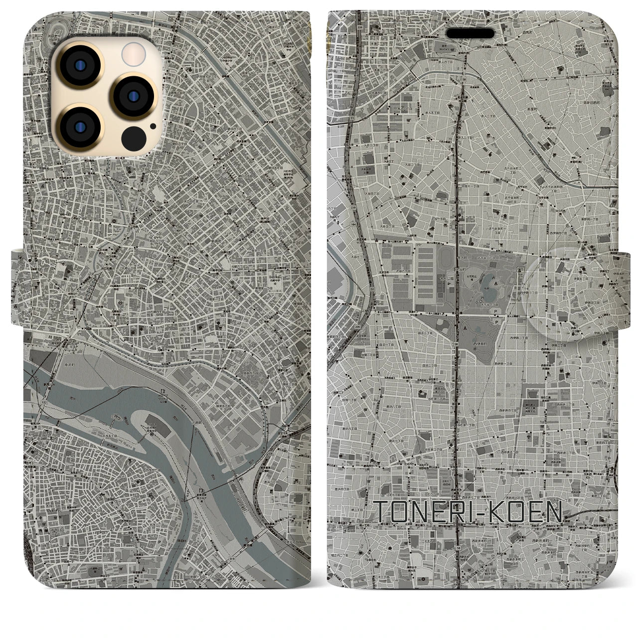 【舎人公園(東京都)】地図柄iPhoneケース(手帳タイプ)モノトーン・iPhone 12 Pro Max 用