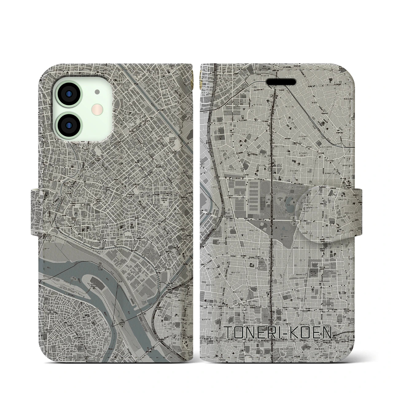 【舎人公園(東京都)】地図柄iPhoneケース(手帳タイプ)モノトーン・iPhone 12 mini 用