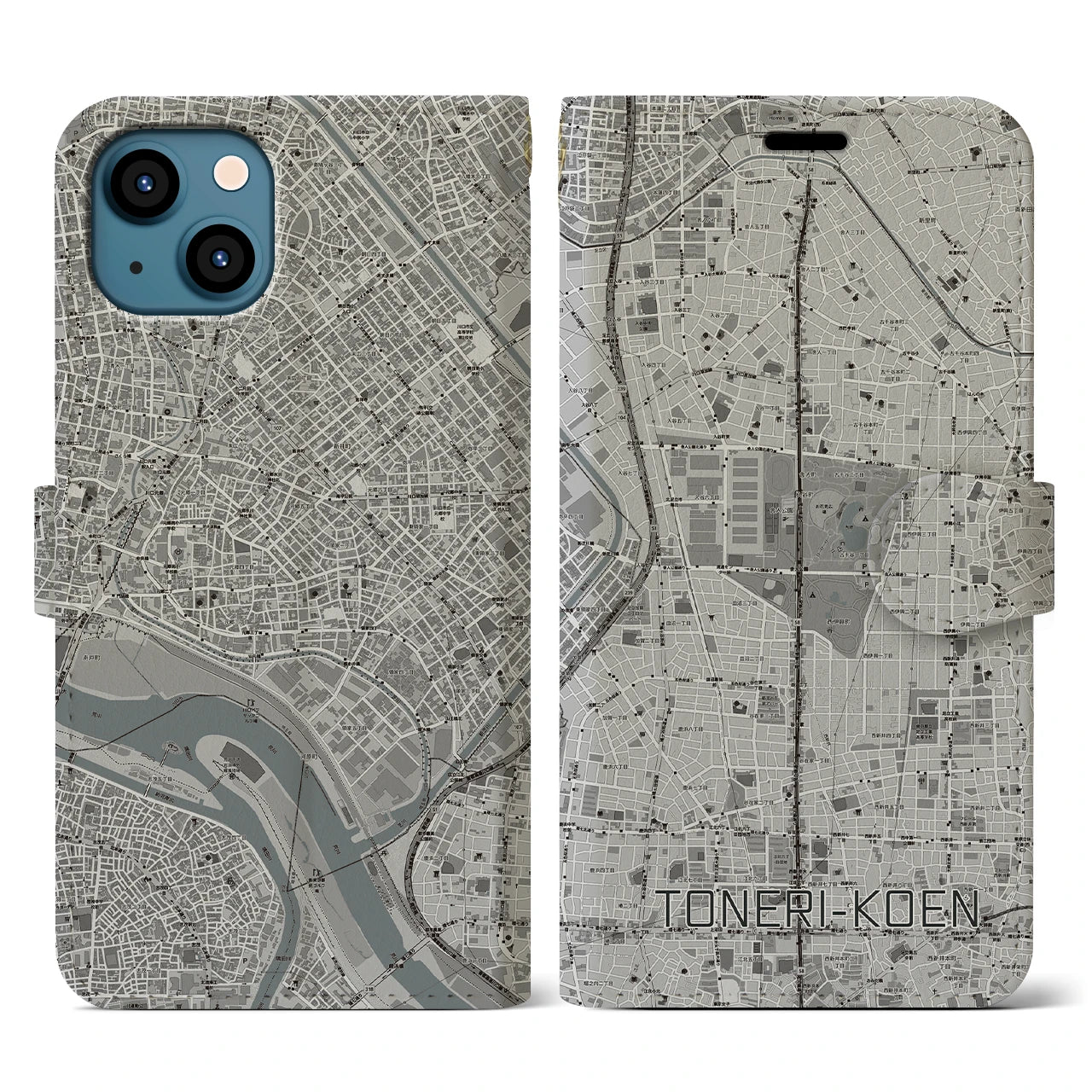 【舎人公園(東京都)】地図柄iPhoneケース(手帳タイプ)モノトーン・iPhone 13 用