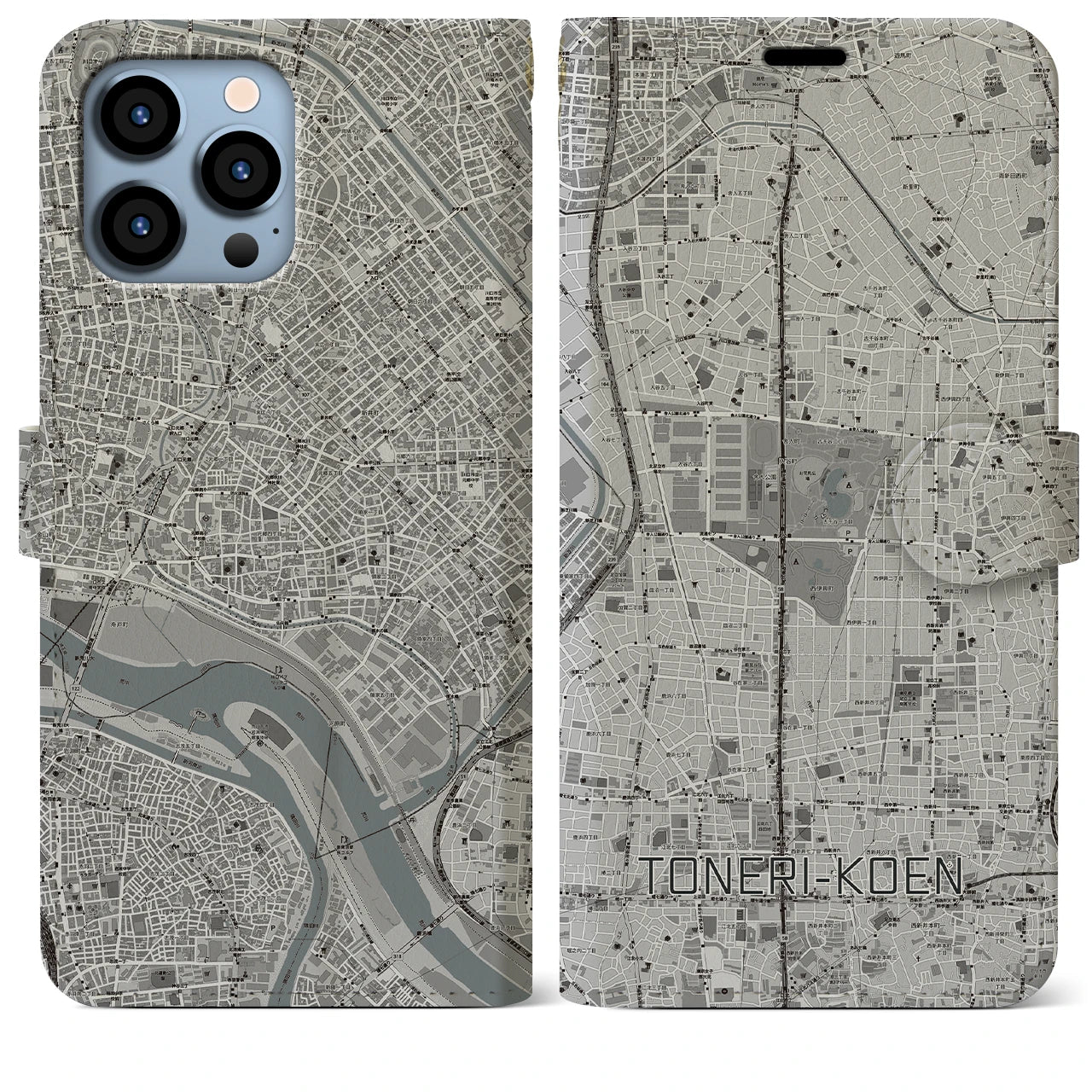 【舎人公園(東京都)】地図柄iPhoneケース(手帳タイプ)モノトーン・iPhone 13 Pro Max 用