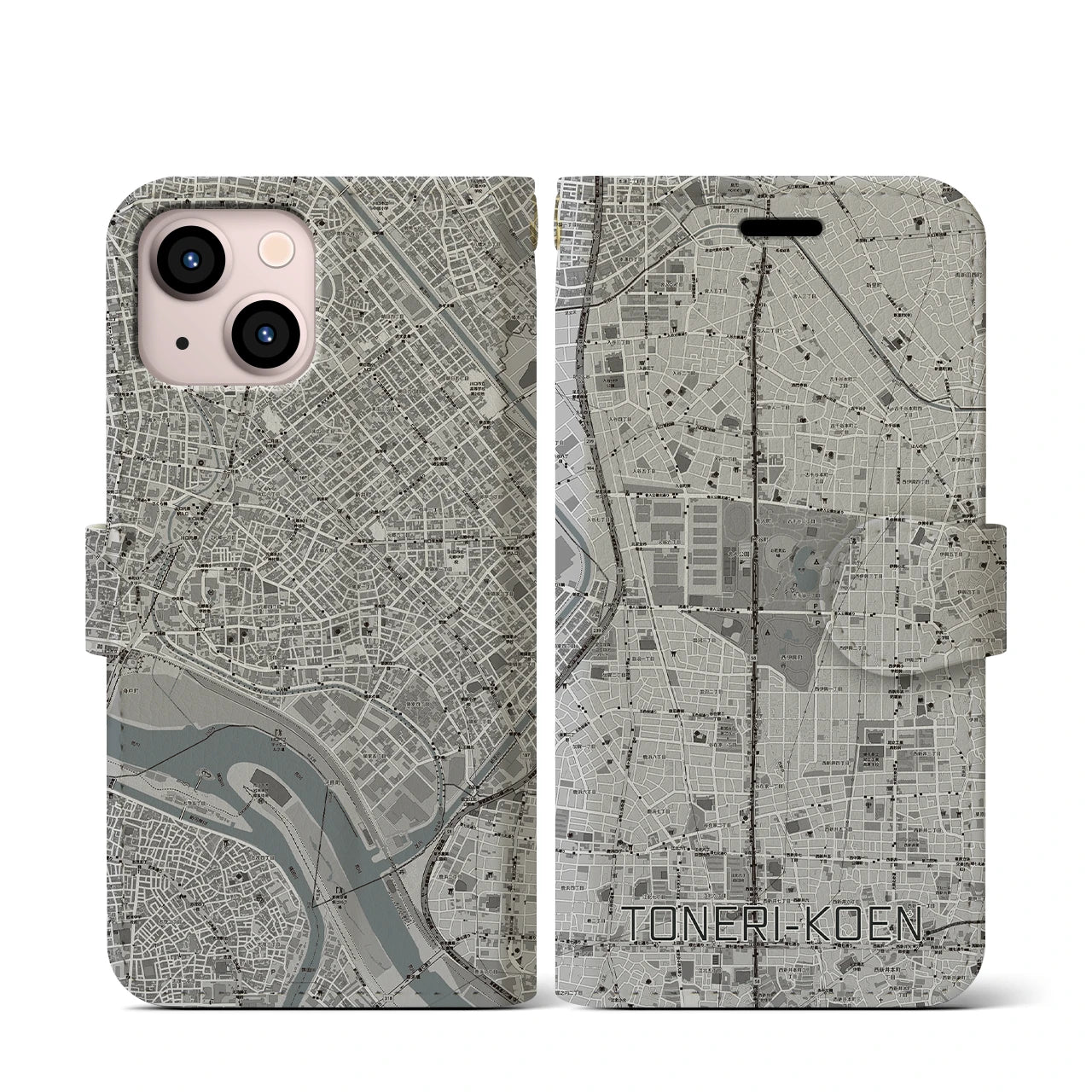 【舎人公園(東京都)】地図柄iPhoneケース(手帳タイプ)モノトーン・iPhone 13 mini 用