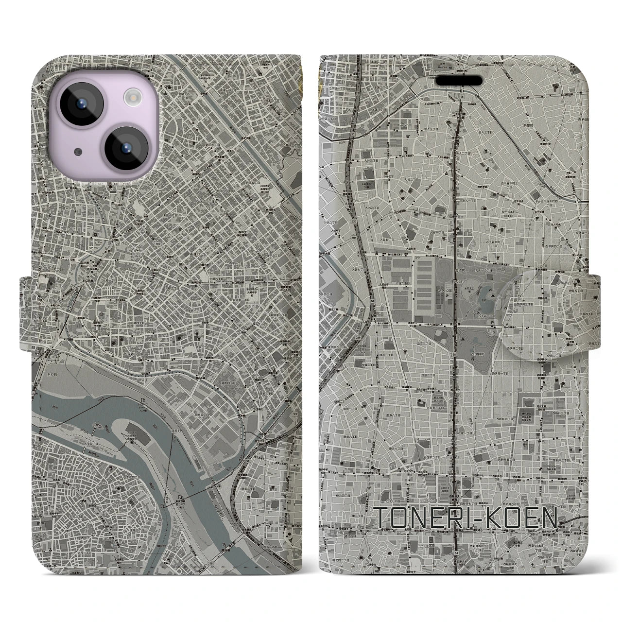 【舎人公園(東京都)】地図柄iPhoneケース(手帳タイプ)モノトーン・iPhone 14 用