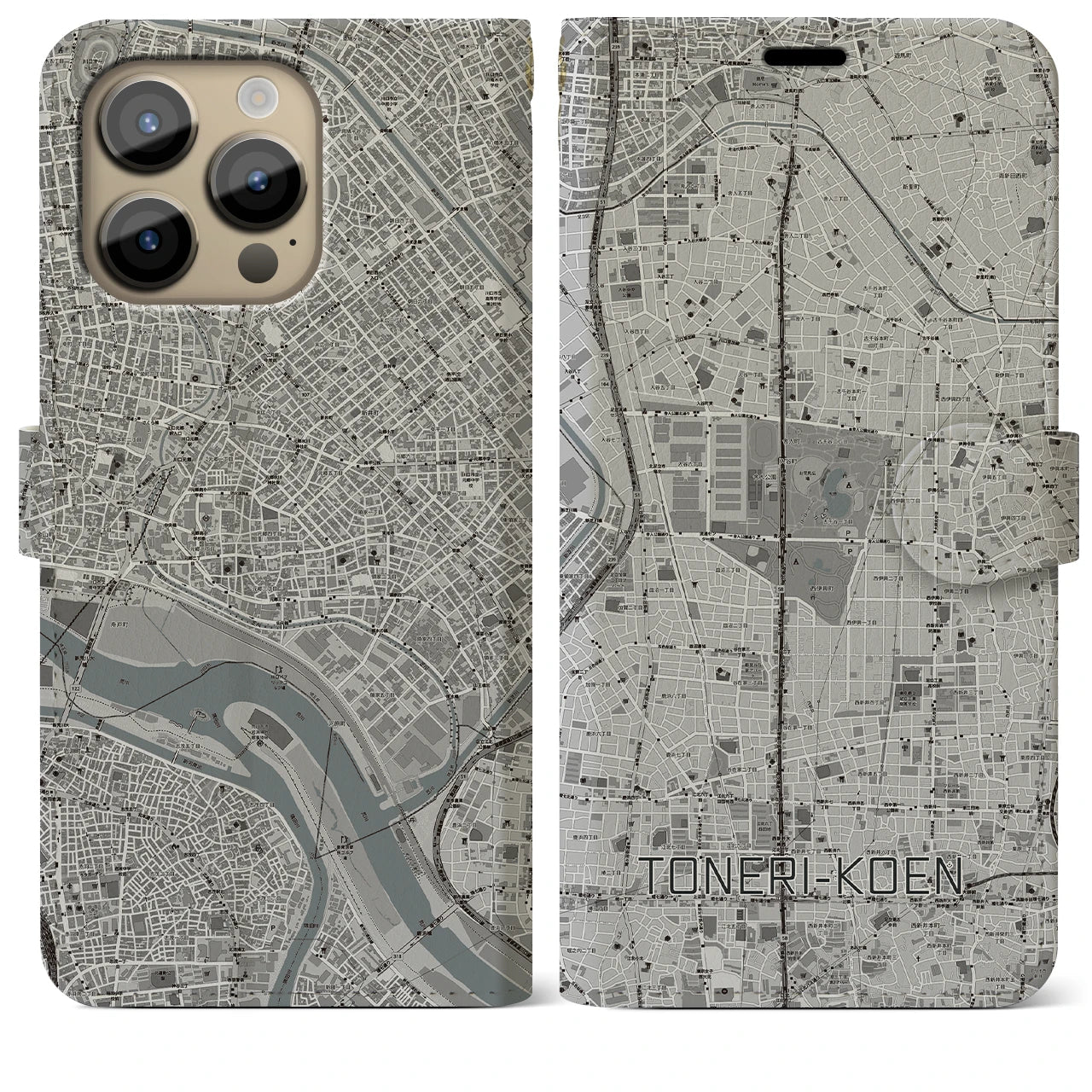 【舎人公園(東京都)】地図柄iPhoneケース(手帳タイプ)モノトーン・iPhone 14 Pro Max 用