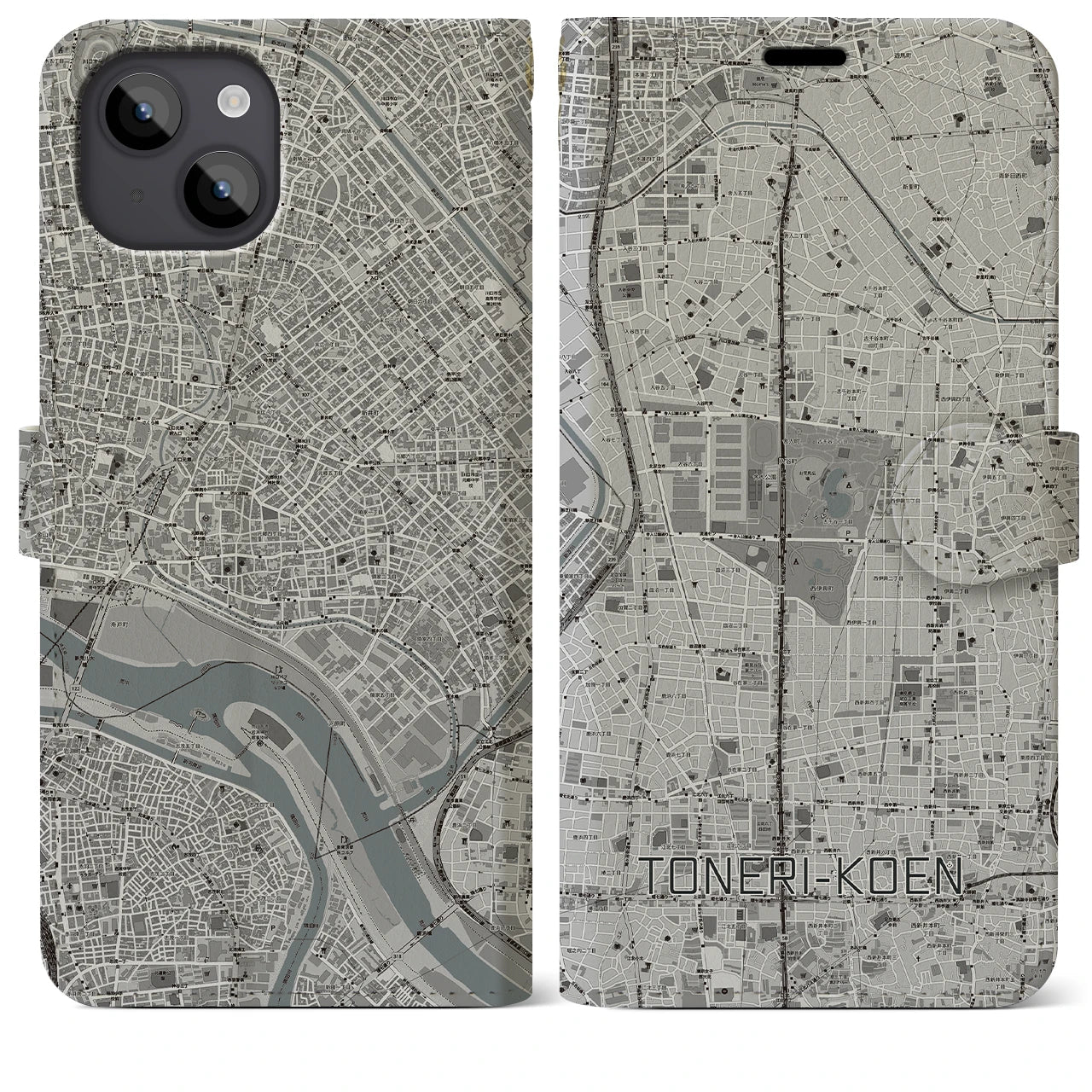 【舎人公園(東京都)】地図柄iPhoneケース(手帳タイプ)モノトーン・iPhone 14 Plus 用