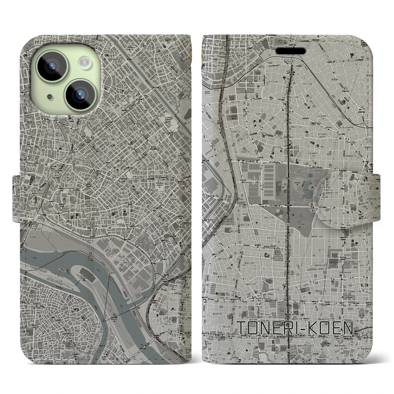 【舎人公園(東京都)】地図柄iPhoneケース(手帳タイプ)モノトーン・iPhone 15 用