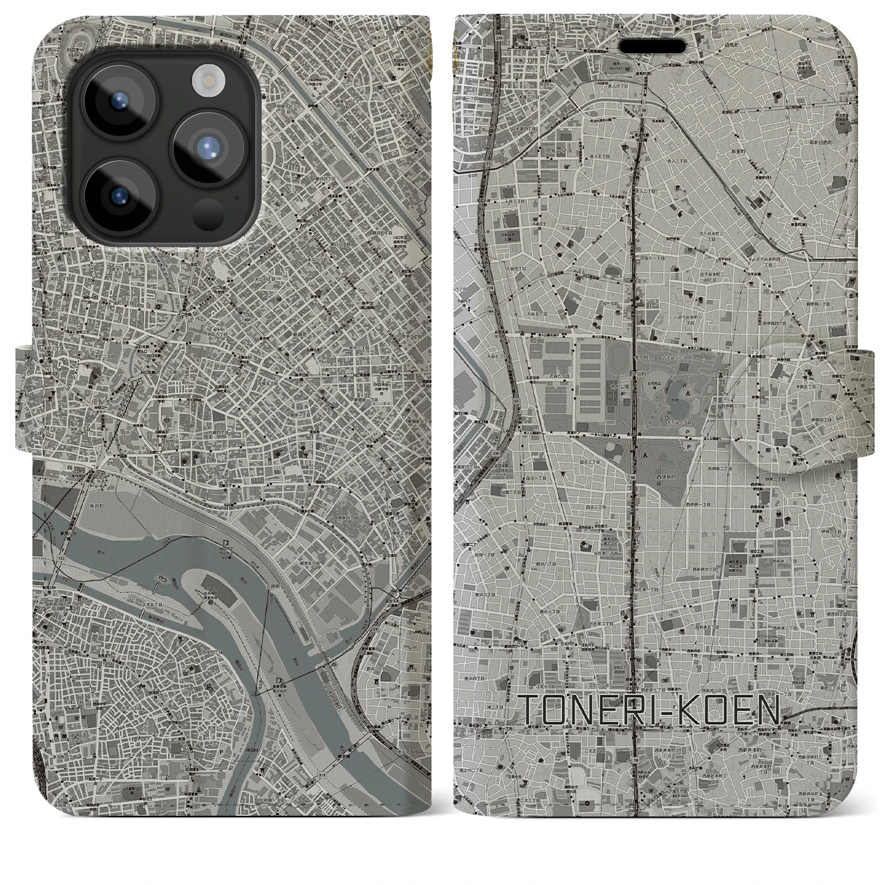 【舎人公園(東京都)】地図柄iPhoneケース(手帳タイプ)モノトーン・iPhone 15 Pro Max 用