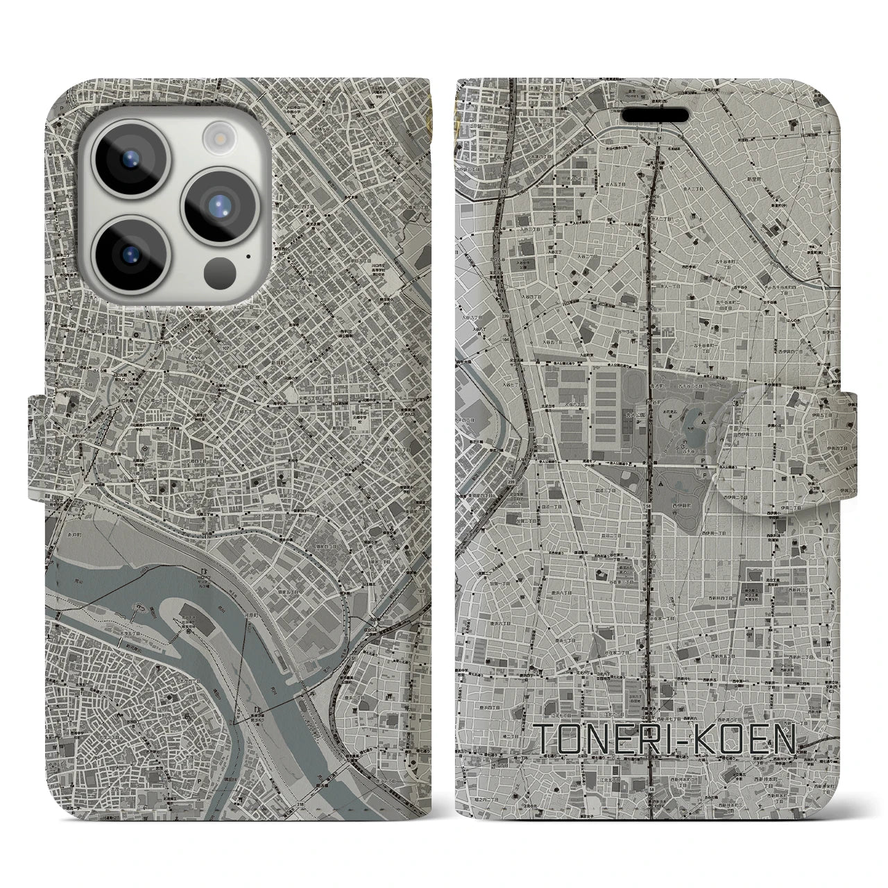 【舎人公園(東京都)】地図柄iPhoneケース(手帳タイプ)モノトーン・iPhone 15 Pro 用