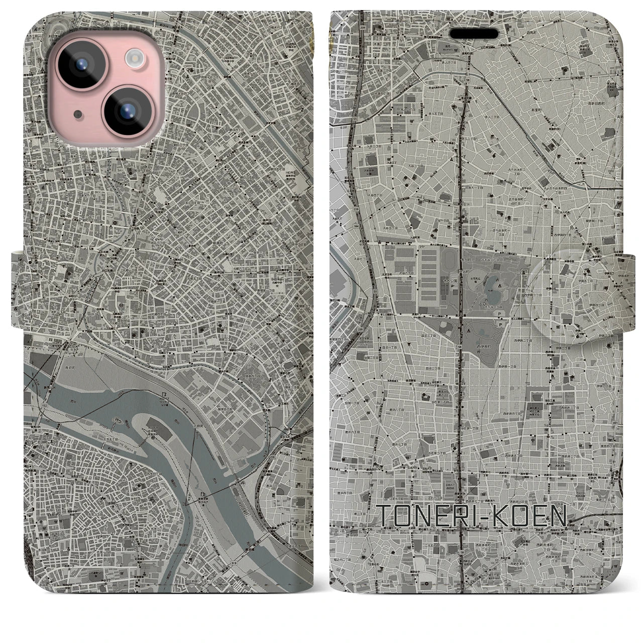 【舎人公園(東京都)】地図柄iPhoneケース(手帳タイプ)モノトーン・iPhone 15 Plus 用