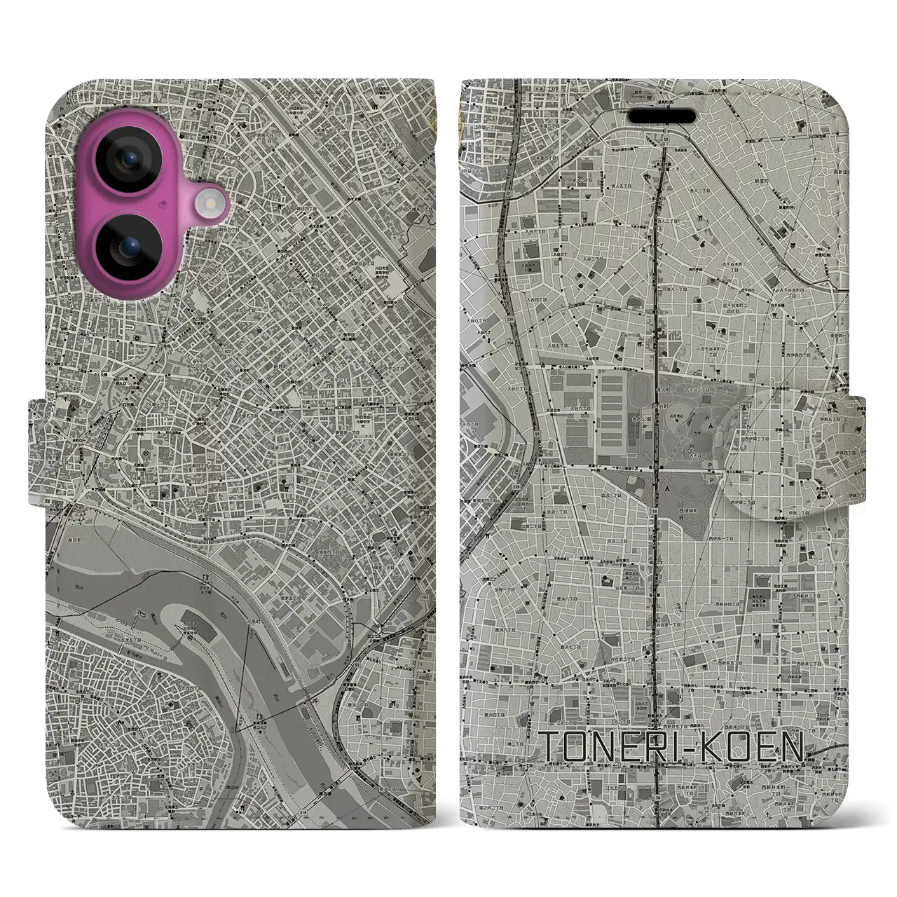 【舎人公園(東京都)】地図柄iPhoneケース(手帳タイプ)モノトーン・iPhone 16 Pro 用