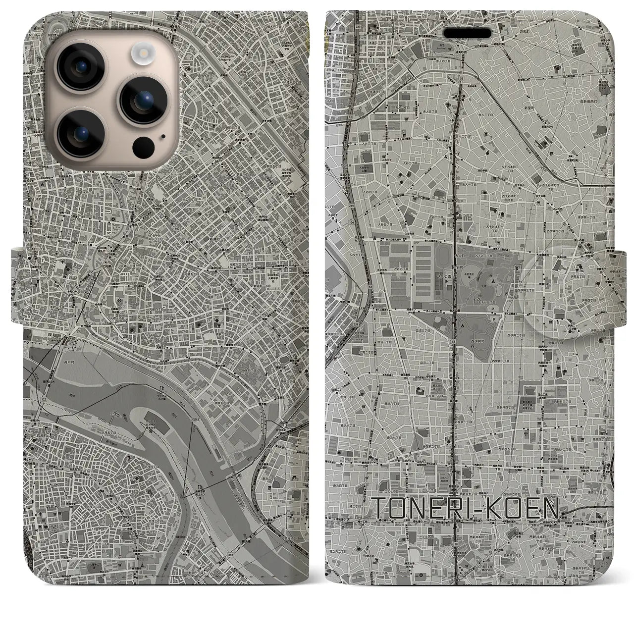 【舎人公園(東京都)】地図柄iPhoneケース(手帳タイプ)モノトーン・iPhone 16 Plus 用