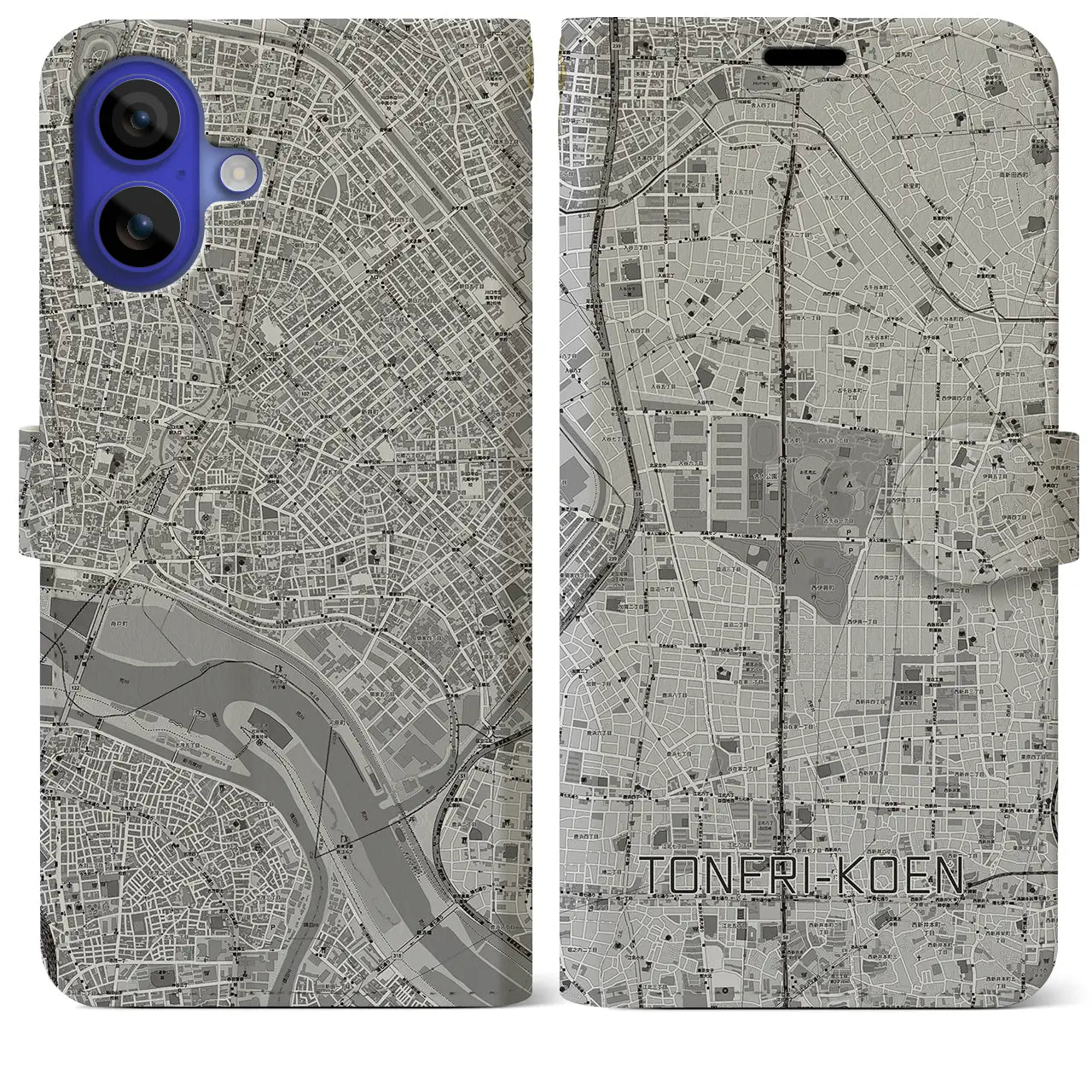 【舎人公園(東京都)】地図柄iPhoneケース(手帳タイプ)モノトーン・iPhone 16 Pro Max 用