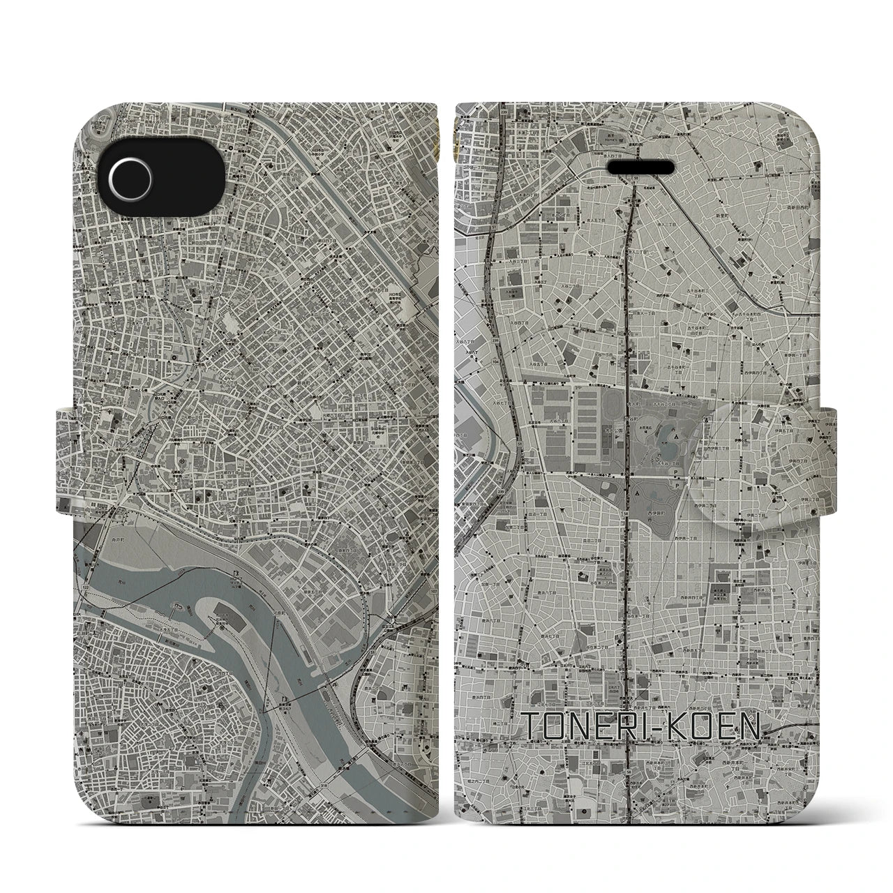 【舎人公園(東京都)】地図柄iPhoneケース(手帳タイプ)モノトーン・iPhone SE(第3 / 第2世代) / 8 / 7 / 6s / 6 用