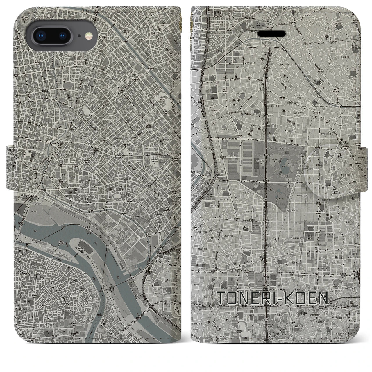 【舎人公園(東京都)】地図柄iPhoneケース(手帳タイプ)モノトーン・iPhone 8Plus /7Plus / 6sPlus / 6Plus 用