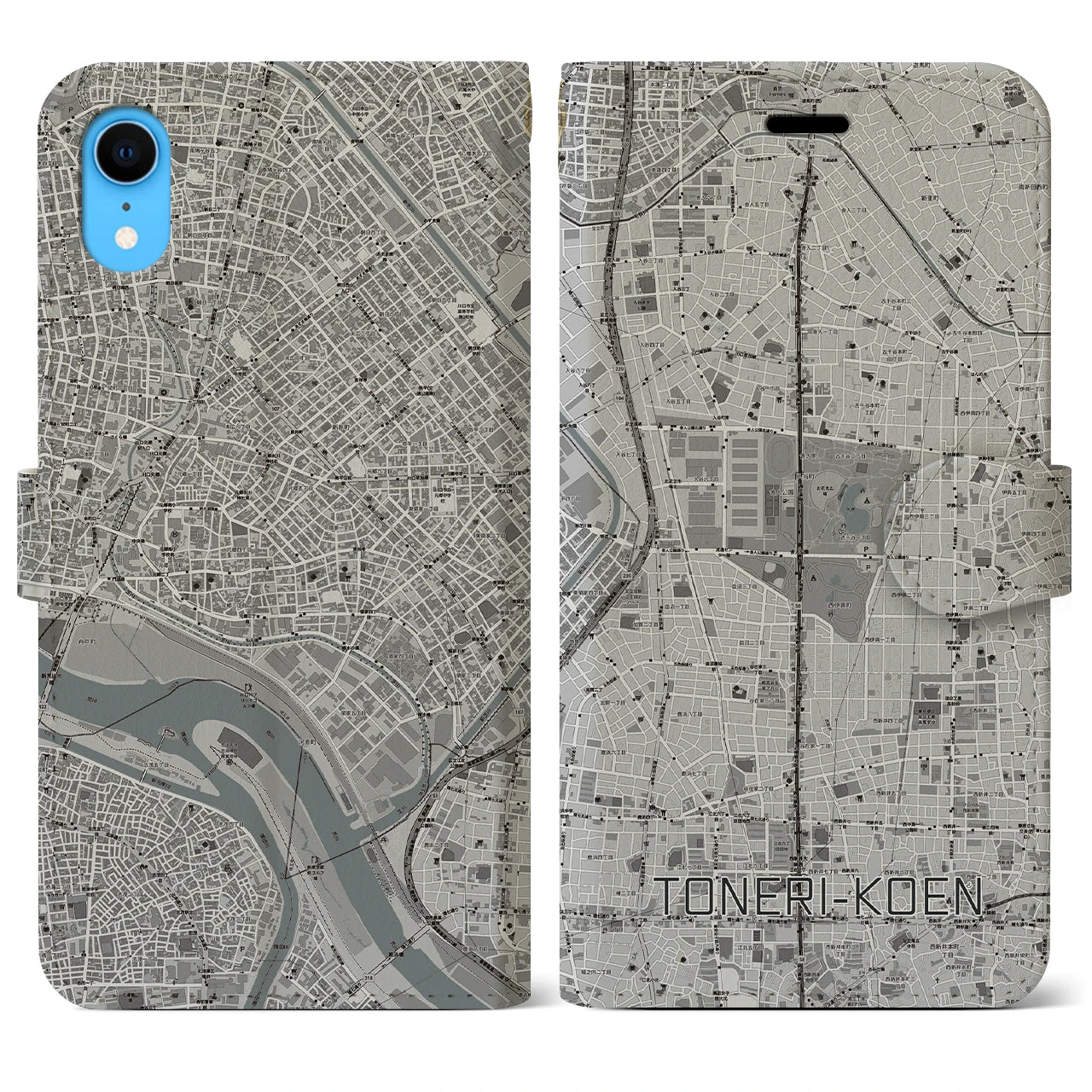 【舎人公園(東京都)】地図柄iPhoneケース(手帳タイプ)モノトーン・iPhone XR 用