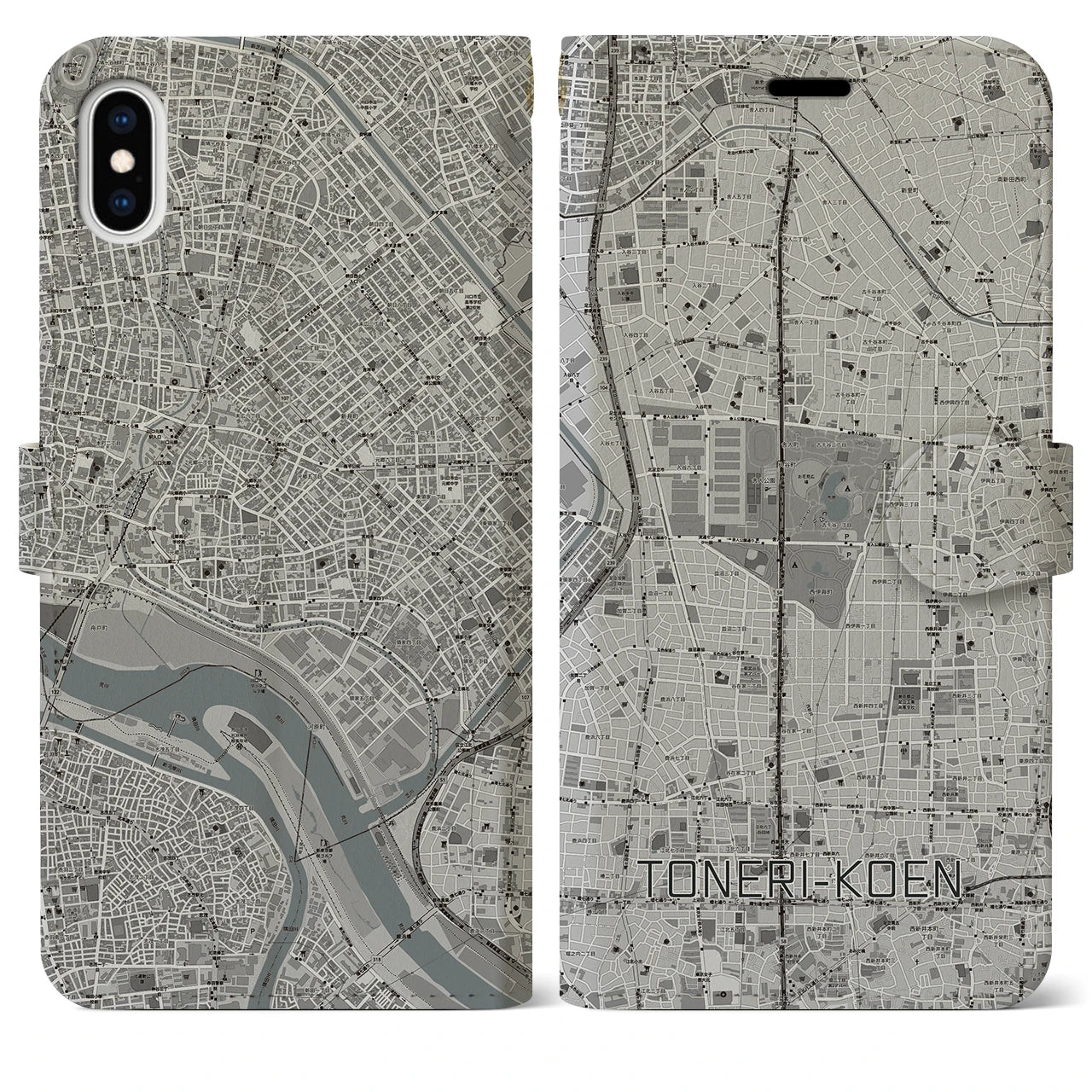 【舎人公園(東京都)】地図柄iPhoneケース(手帳タイプ)モノトーン・iPhone XS Max 用