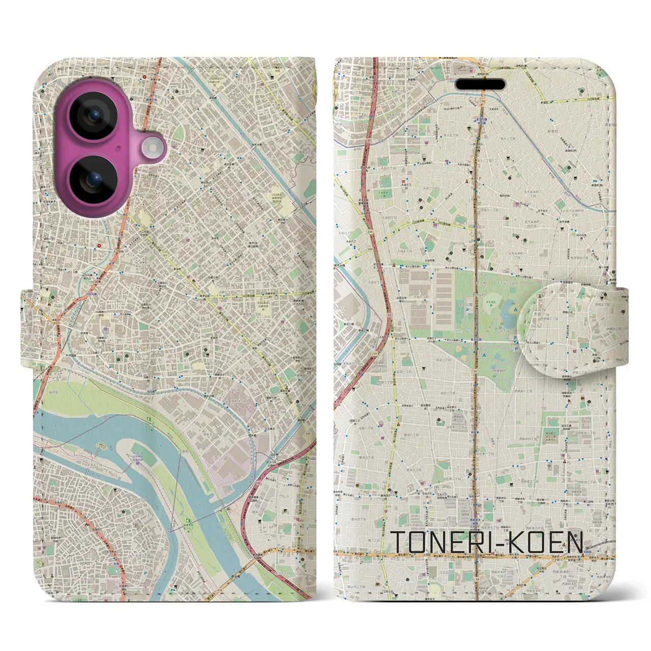 【舎人公園(東京都)】地図柄iPhoneケース(手帳タイプ)ナチュラル・iPhone 16 Pro 用
