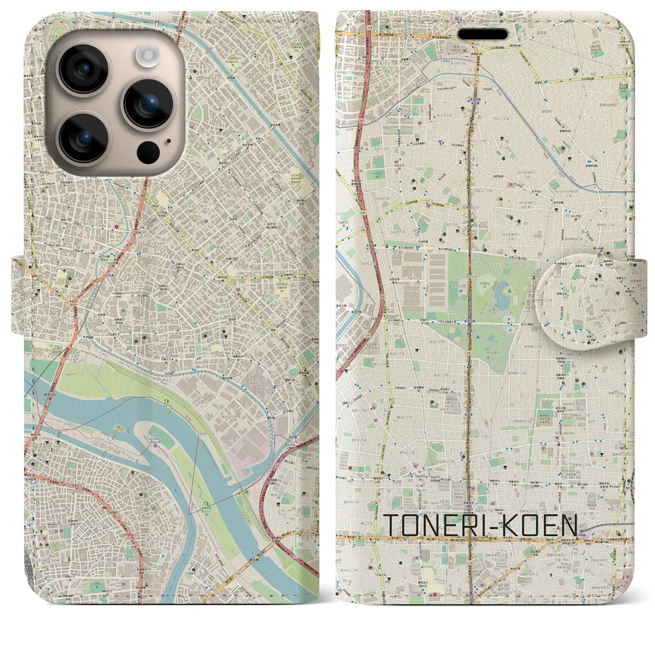 【舎人公園(東京都)】地図柄iPhoneケース(手帳タイプ)ナチュラル・iPhone 16 Plus 用