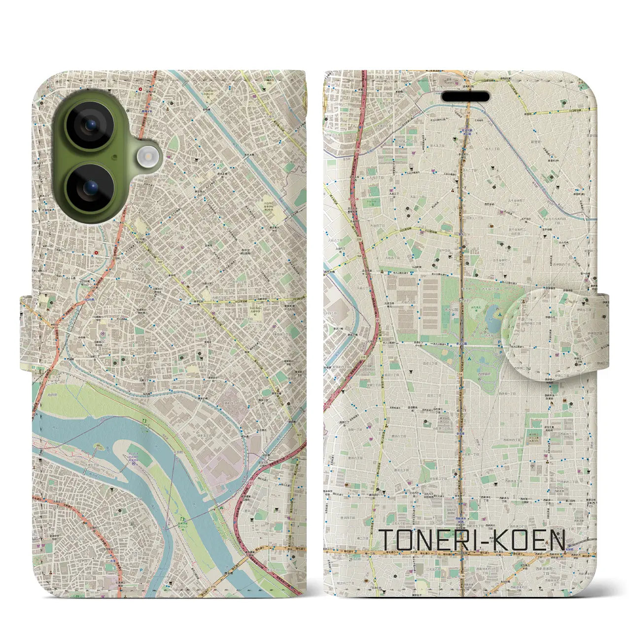 【舎人公園(東京都)】地図柄iPhoneケース(手帳タイプ)ナチュラル・iPhone 17 Pro Max 用