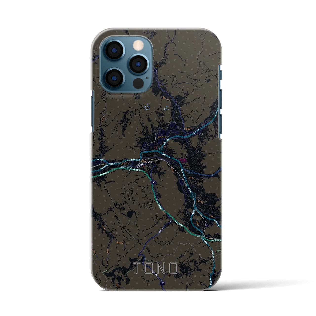 【遠野(岩手県)】地図柄iPhoneケース(バックカバータイプ)ブラック・iPhone 12 / 12 Pro 用