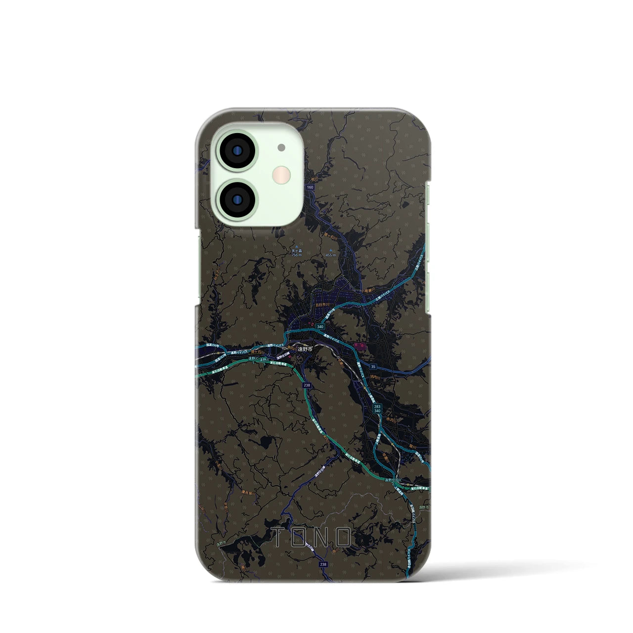 【遠野(岩手県)】地図柄iPhoneケース(バックカバータイプ)ブラック・iPhone 12 mini 用