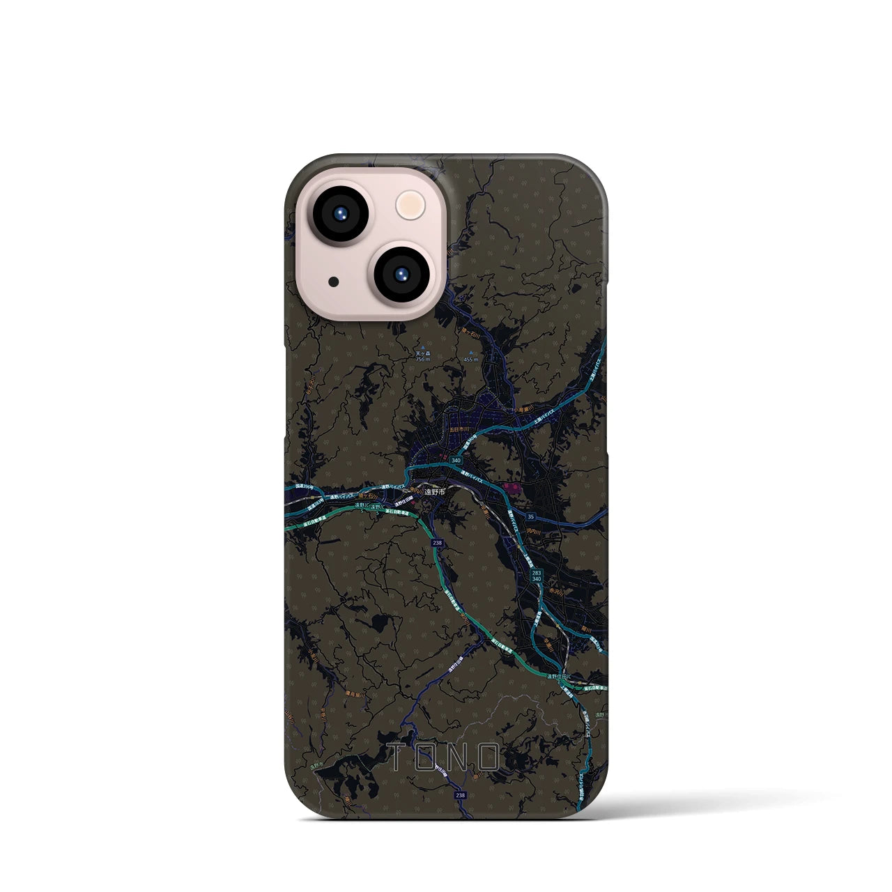 【遠野(岩手県)】地図柄iPhoneケース(バックカバータイプ)ブラック・iPhone 13 mini 用
