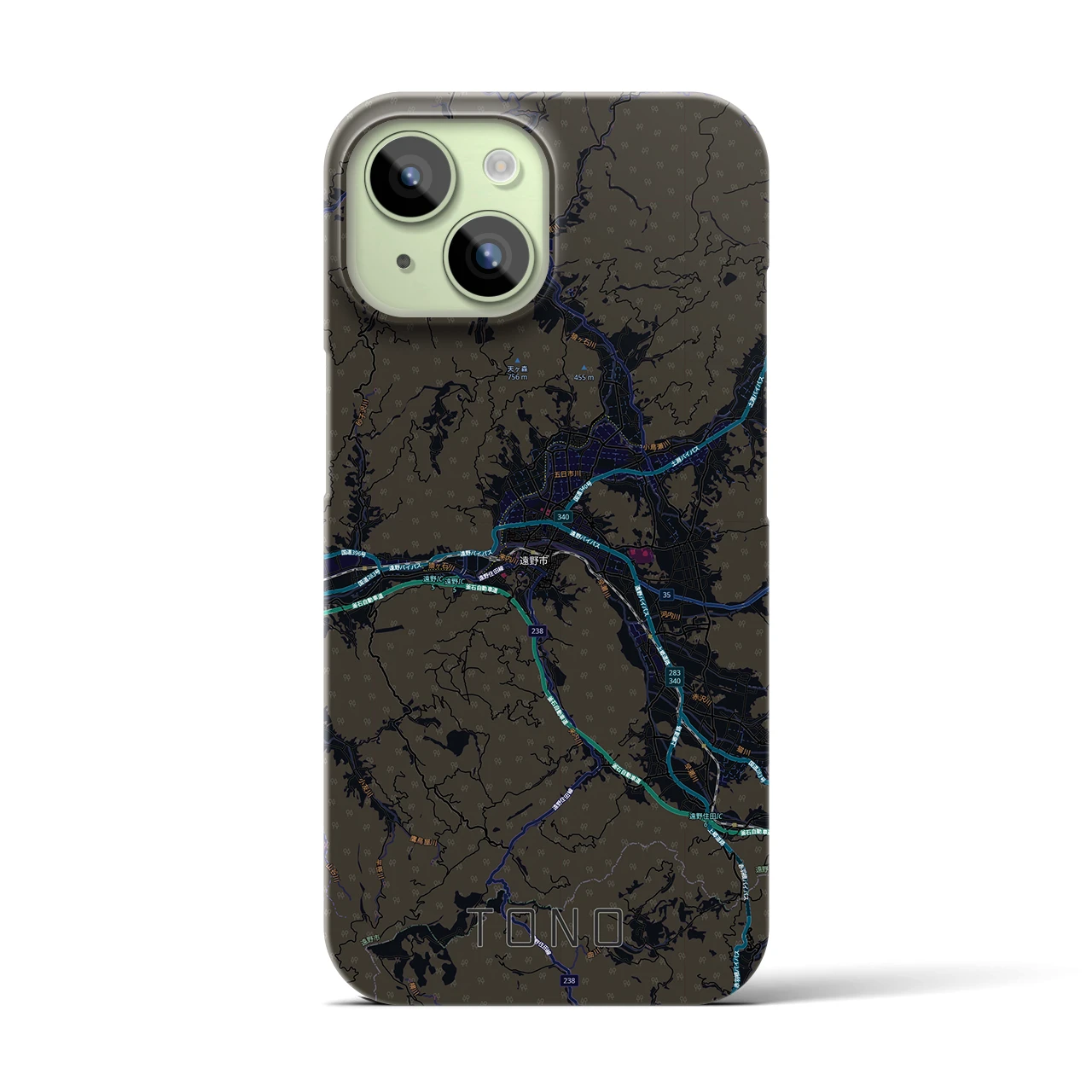 【遠野(岩手県)】地図柄iPhoneケース(バックカバータイプ)ブラック・iPhone 15 用