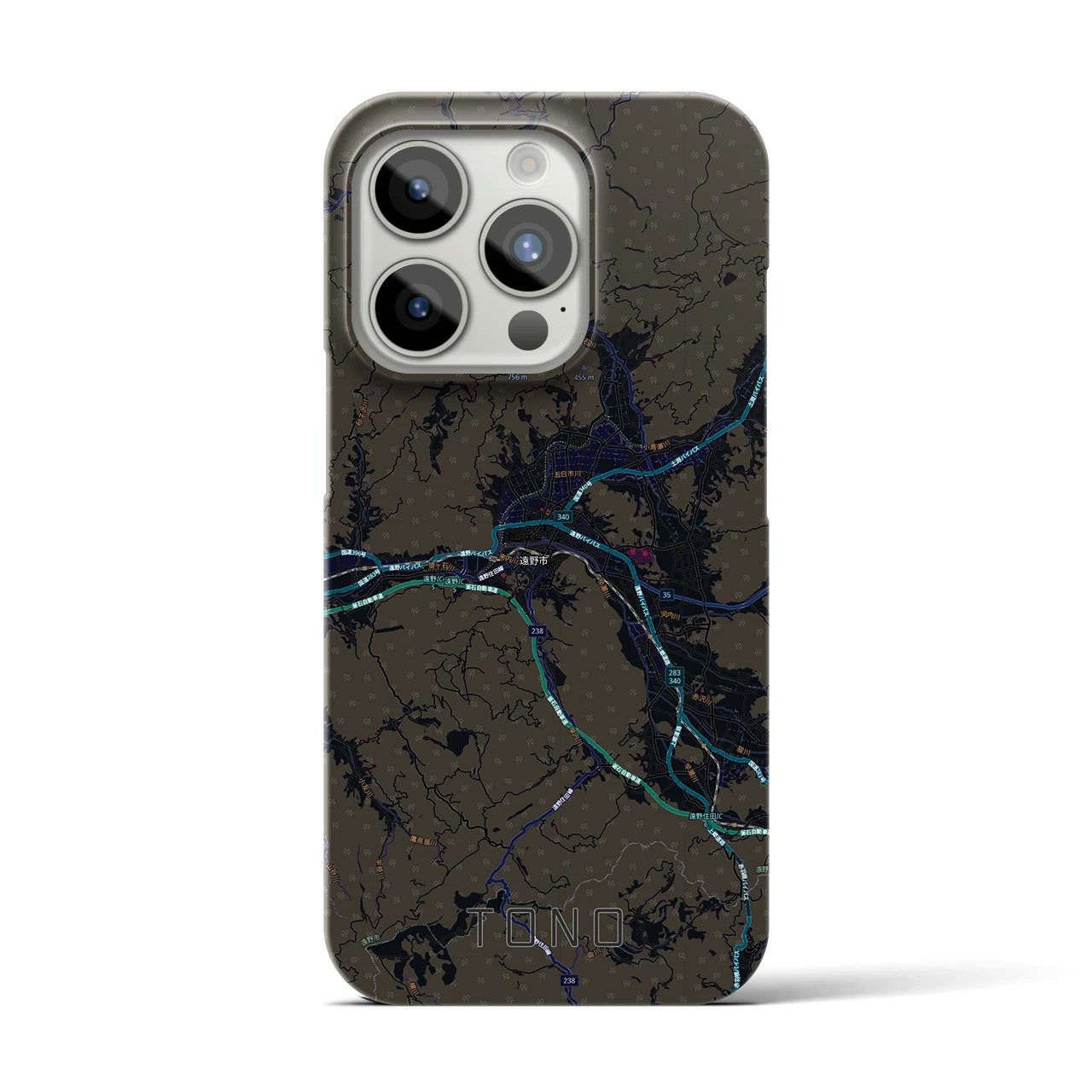 【遠野(岩手県)】地図柄iPhoneケース(バックカバータイプ)ブラック・iPhone 15 Pro 用