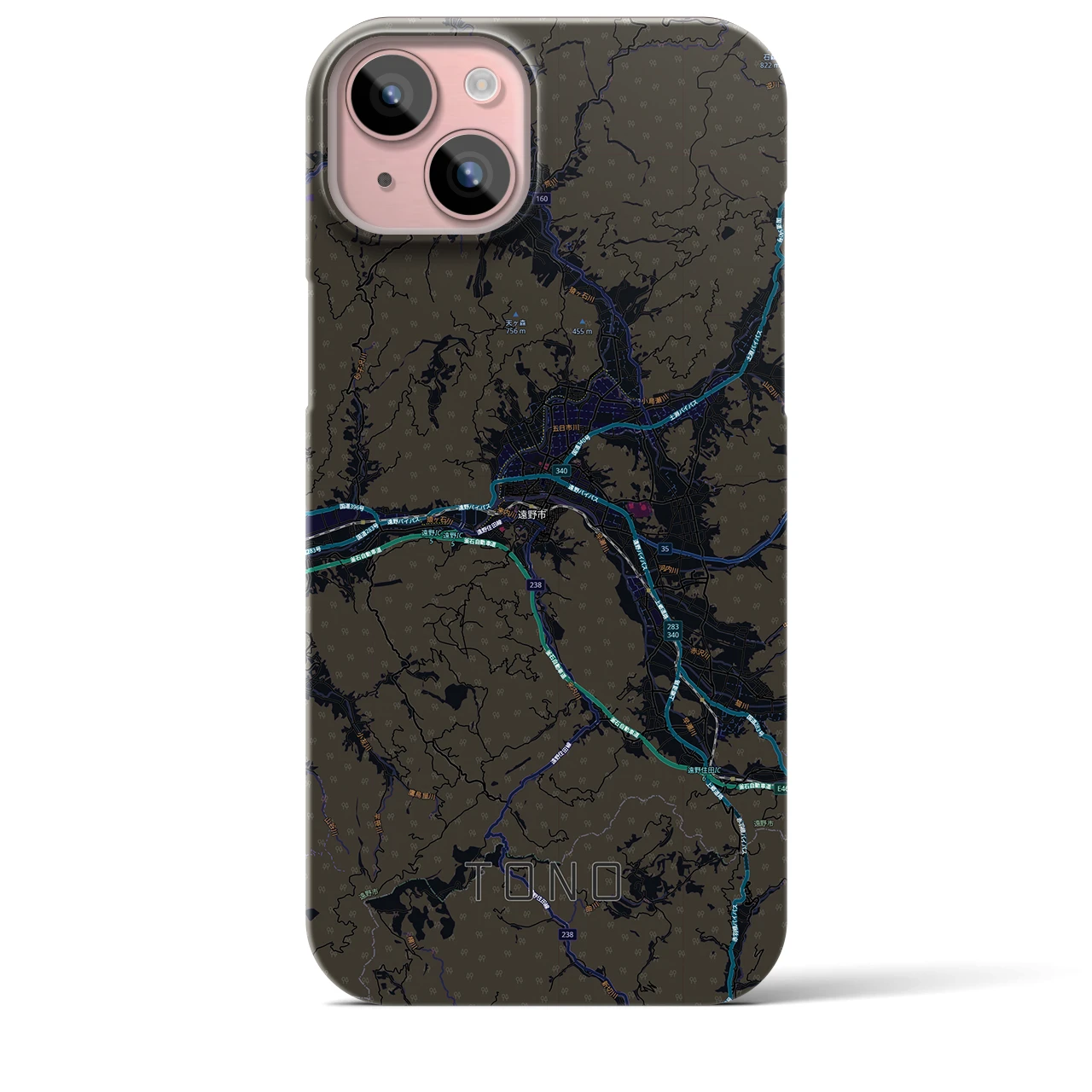 【遠野(岩手県)】地図柄iPhoneケース(バックカバータイプ)ブラック・iPhone 15 Plus 用