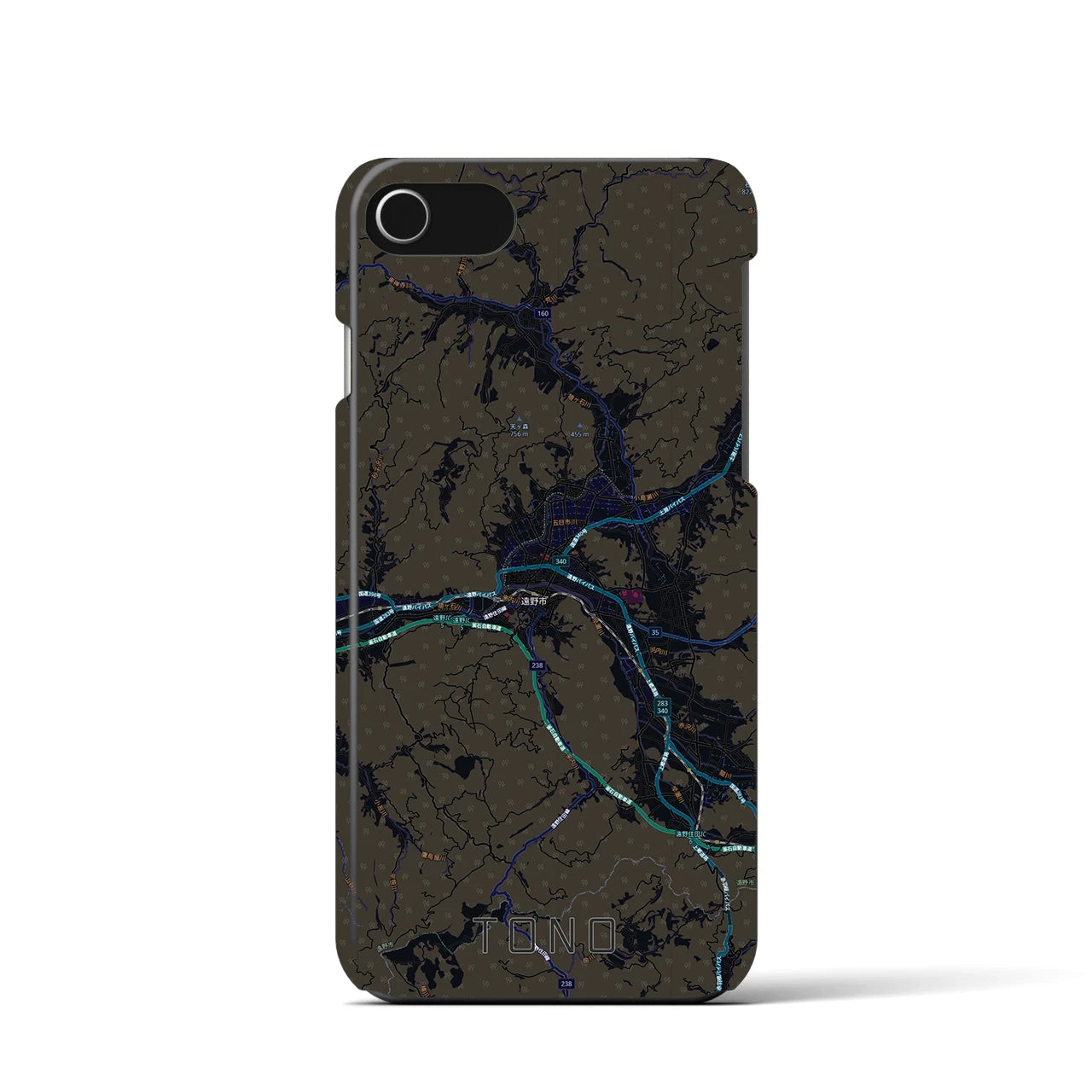 【遠野(岩手県)】地図柄iPhoneケース(バックカバータイプ)ブラック・iPhone SE(第3 / 第2世代) / 8 / 7 / 6s / 6 用