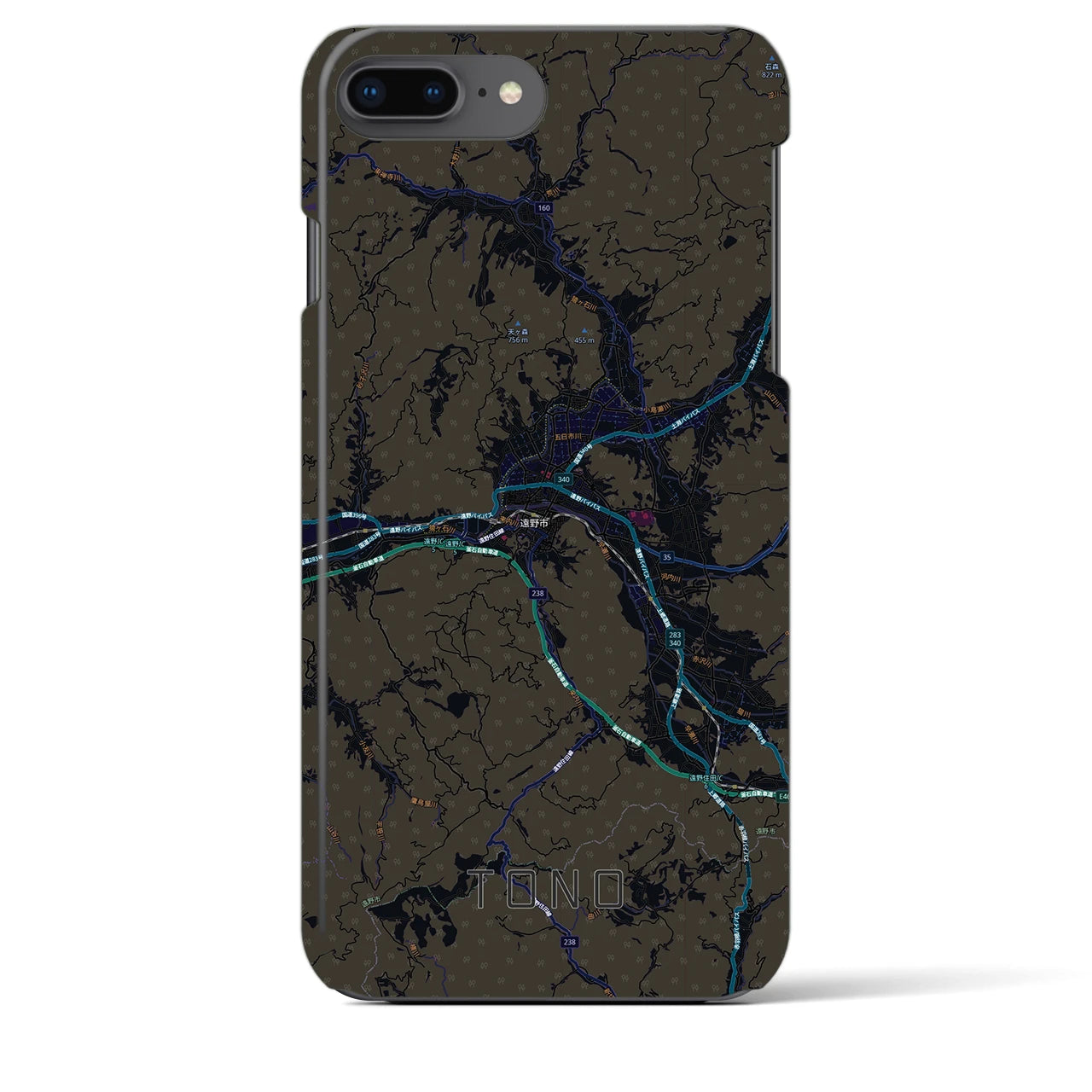 【遠野(岩手県)】地図柄iPhoneケース(バックカバータイプ)ブラック・iPhone 8Plus /7Plus / 6sPlus / 6Plus 用