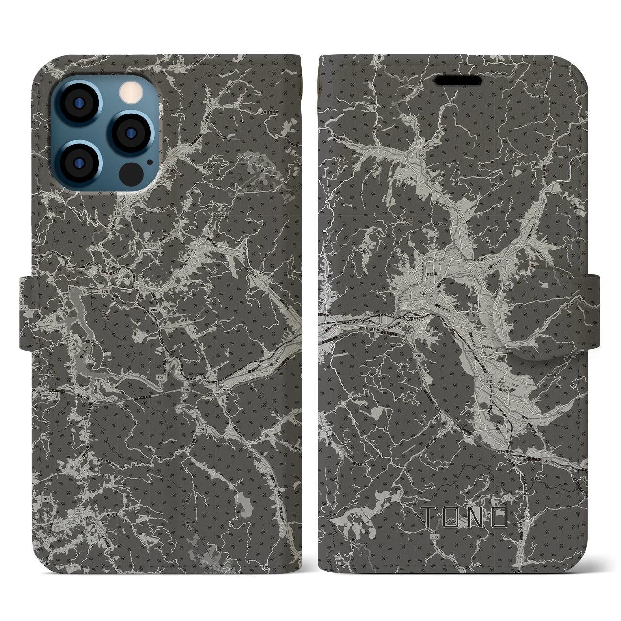 【遠野(岩手県)】地図柄iPhoneケース(手帳タイプ)モノトーン・iPhone 12 / 12 Pro 用