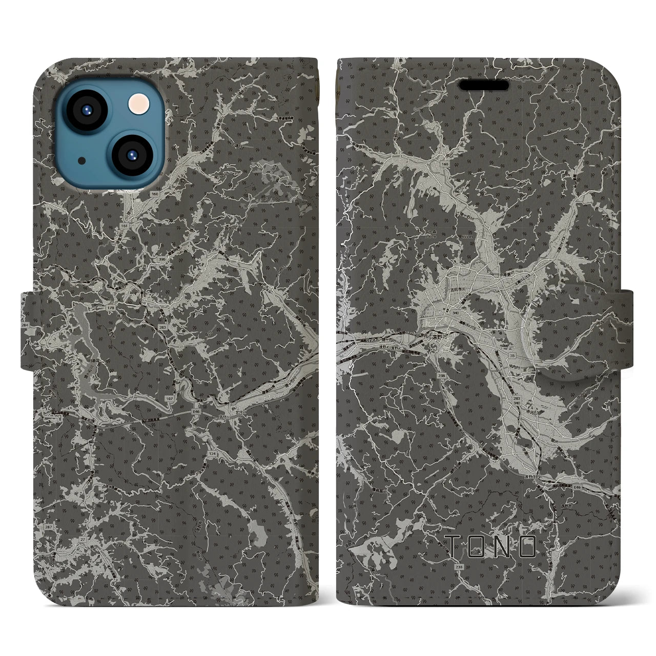 【遠野(岩手県)】地図柄iPhoneケース(手帳タイプ)モノトーン・iPhone 13 用