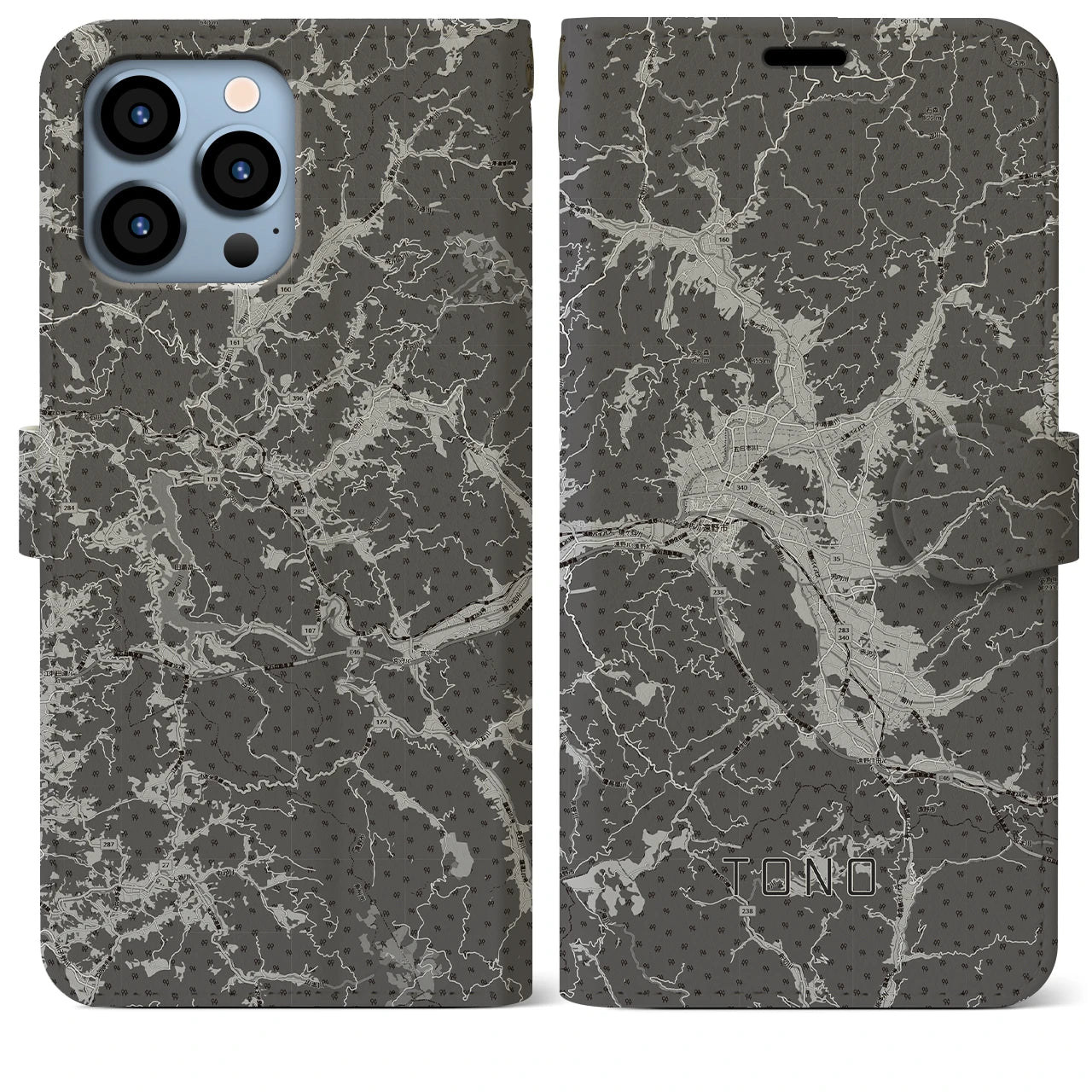 【遠野(岩手県)】地図柄iPhoneケース(手帳タイプ)モノトーン・iPhone 13 Pro Max 用