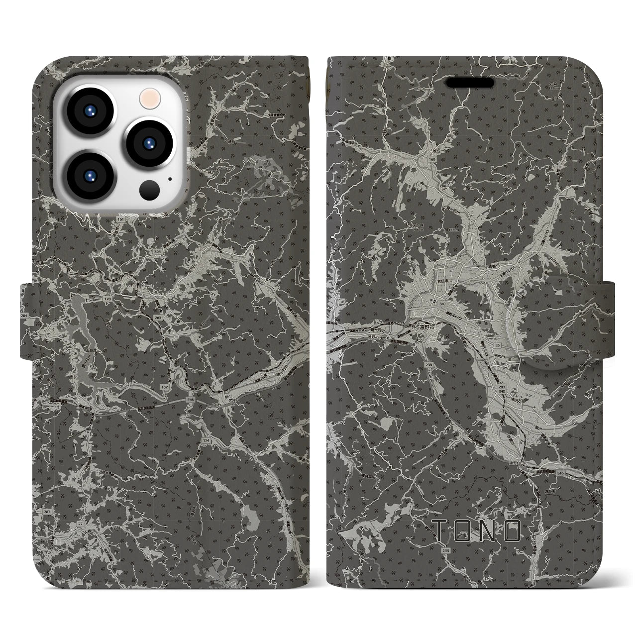 【遠野(岩手県)】地図柄iPhoneケース(手帳タイプ)モノトーン・iPhone 13 Pro 用