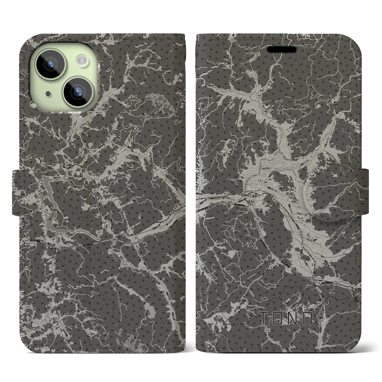 【遠野(岩手県)】地図柄iPhoneケース(手帳タイプ)モノトーン・iPhone 15 用