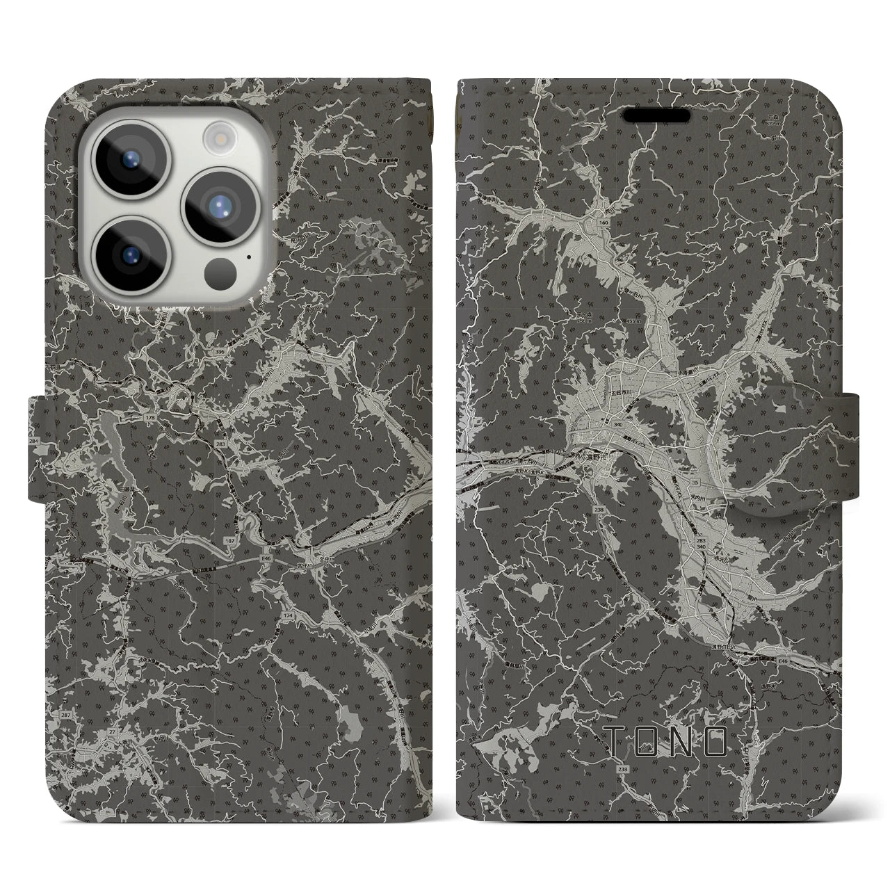 【遠野(岩手県)】地図柄iPhoneケース(手帳タイプ)モノトーン・iPhone 15 Pro 用