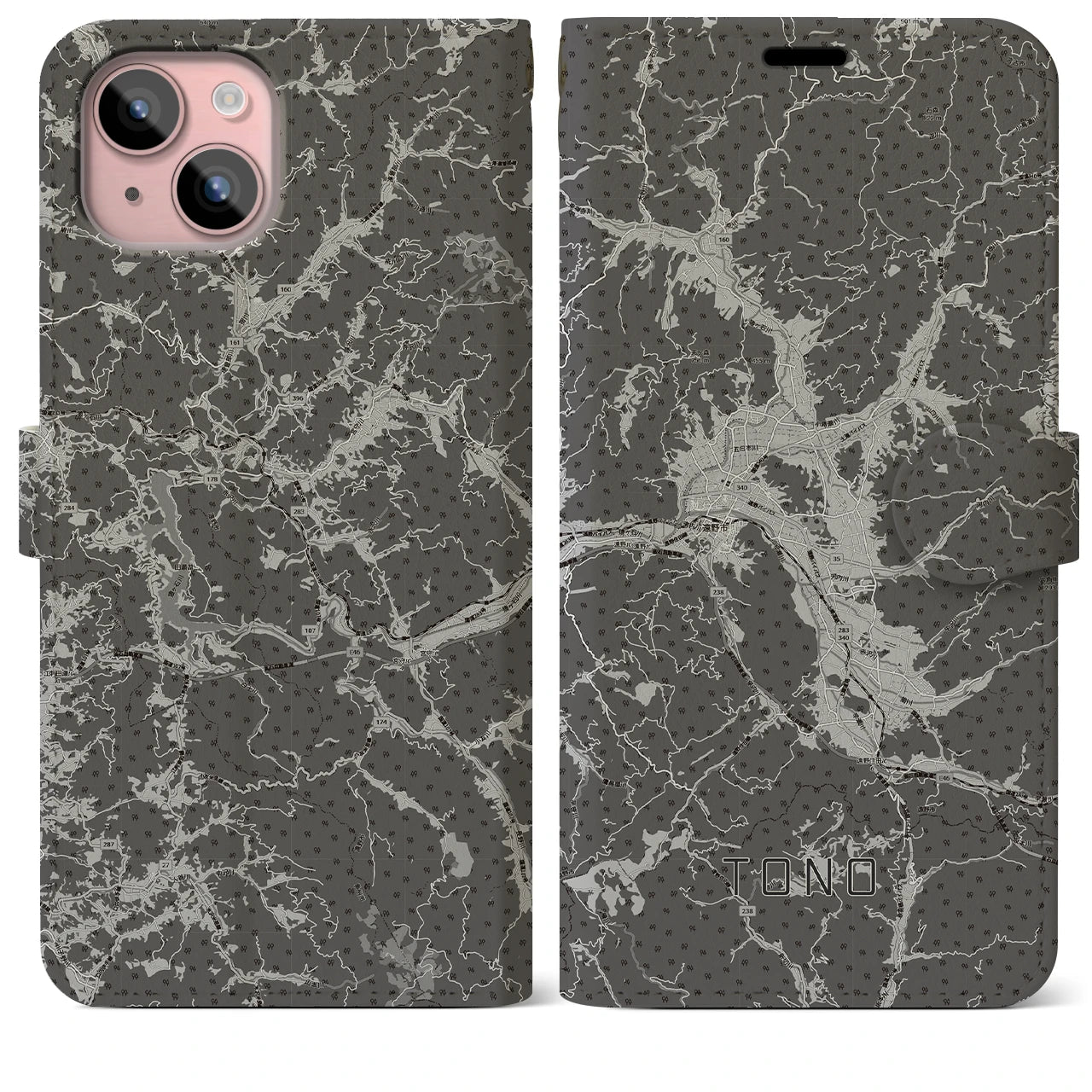 【遠野(岩手県)】地図柄iPhoneケース(手帳タイプ)モノトーン・iPhone 15 Plus 用