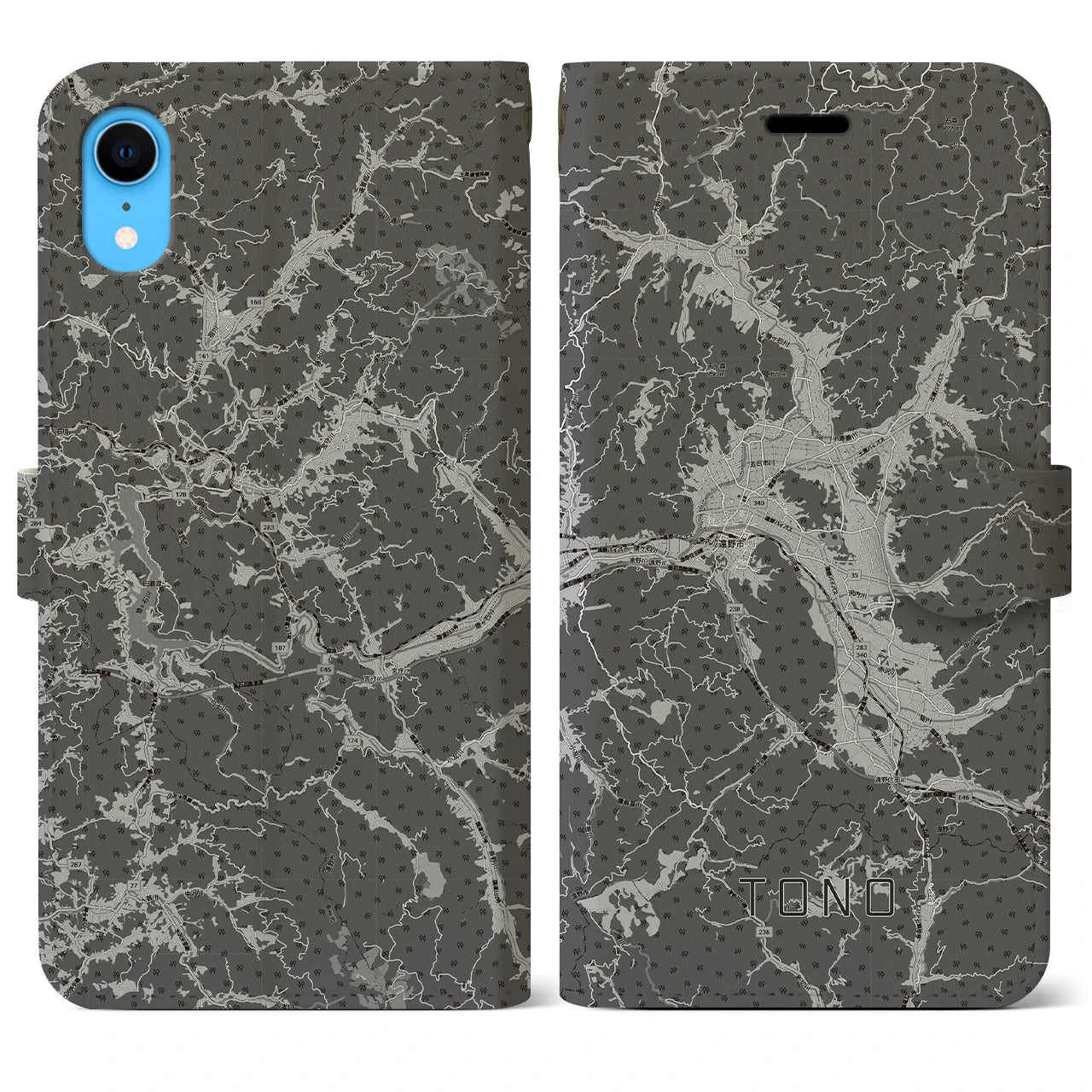 【遠野(岩手県)】地図柄iPhoneケース(手帳タイプ)モノトーン・iPhone XR 用