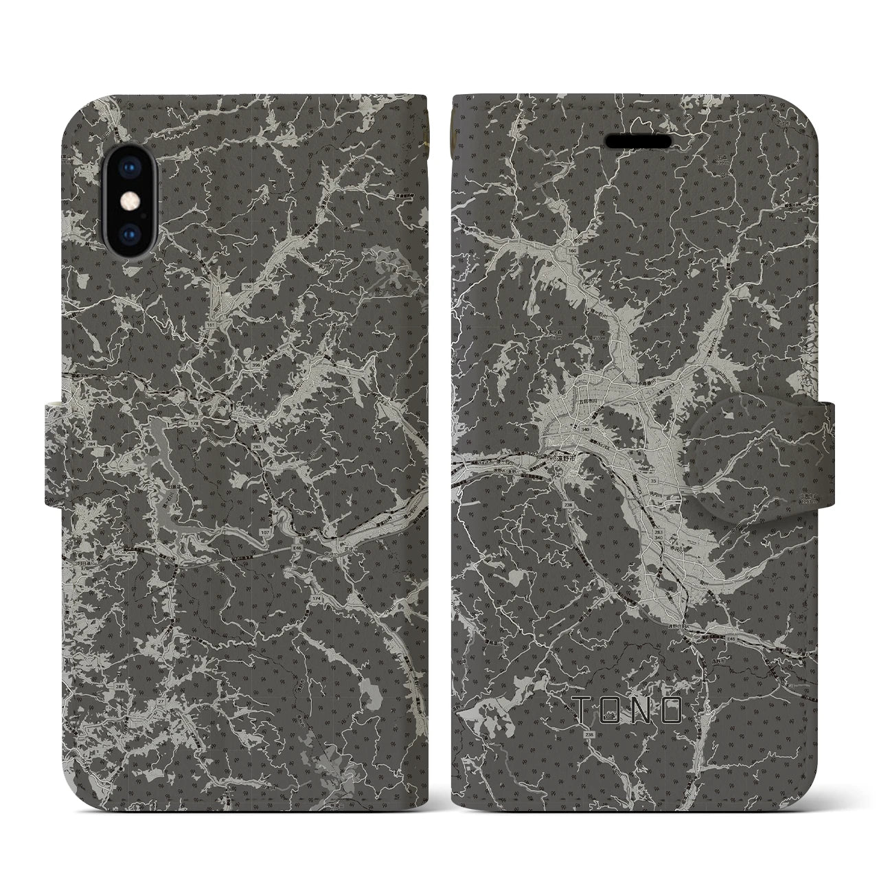 【遠野(岩手県)】地図柄iPhoneケース(手帳タイプ)モノトーン・iPhone XS / X 用