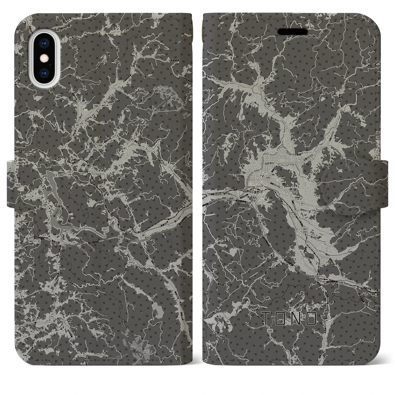 【遠野(岩手県)】地図柄iPhoneケース(手帳タイプ)モノトーン・iPhone XS Max 用