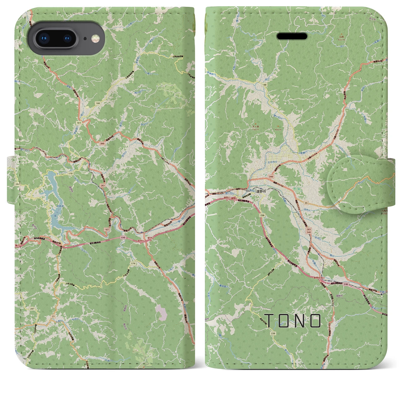 【遠野(岩手県)】地図柄iPhoneケース(手帳タイプ)ナチュラル・iPhone 8Plus /7Plus / 6sPlus / 6Plus 用