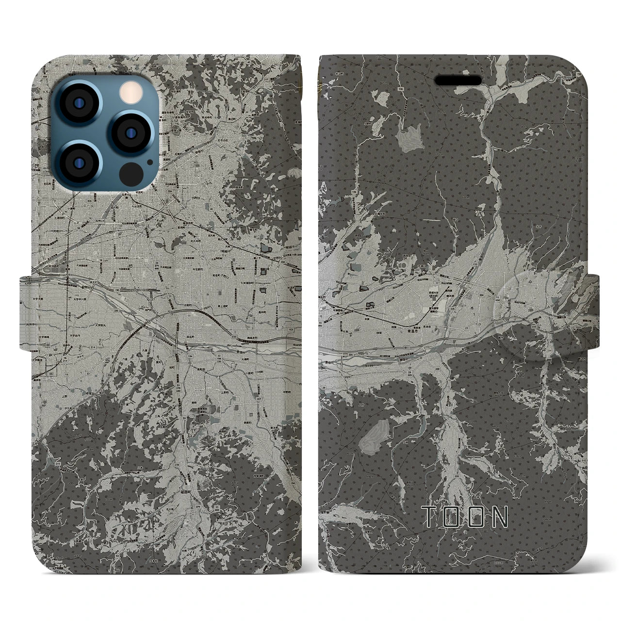 【東温(愛媛県)】地図柄iPhoneケース(手帳タイプ)モノトーン・iPhone 12 / 12 Pro 用